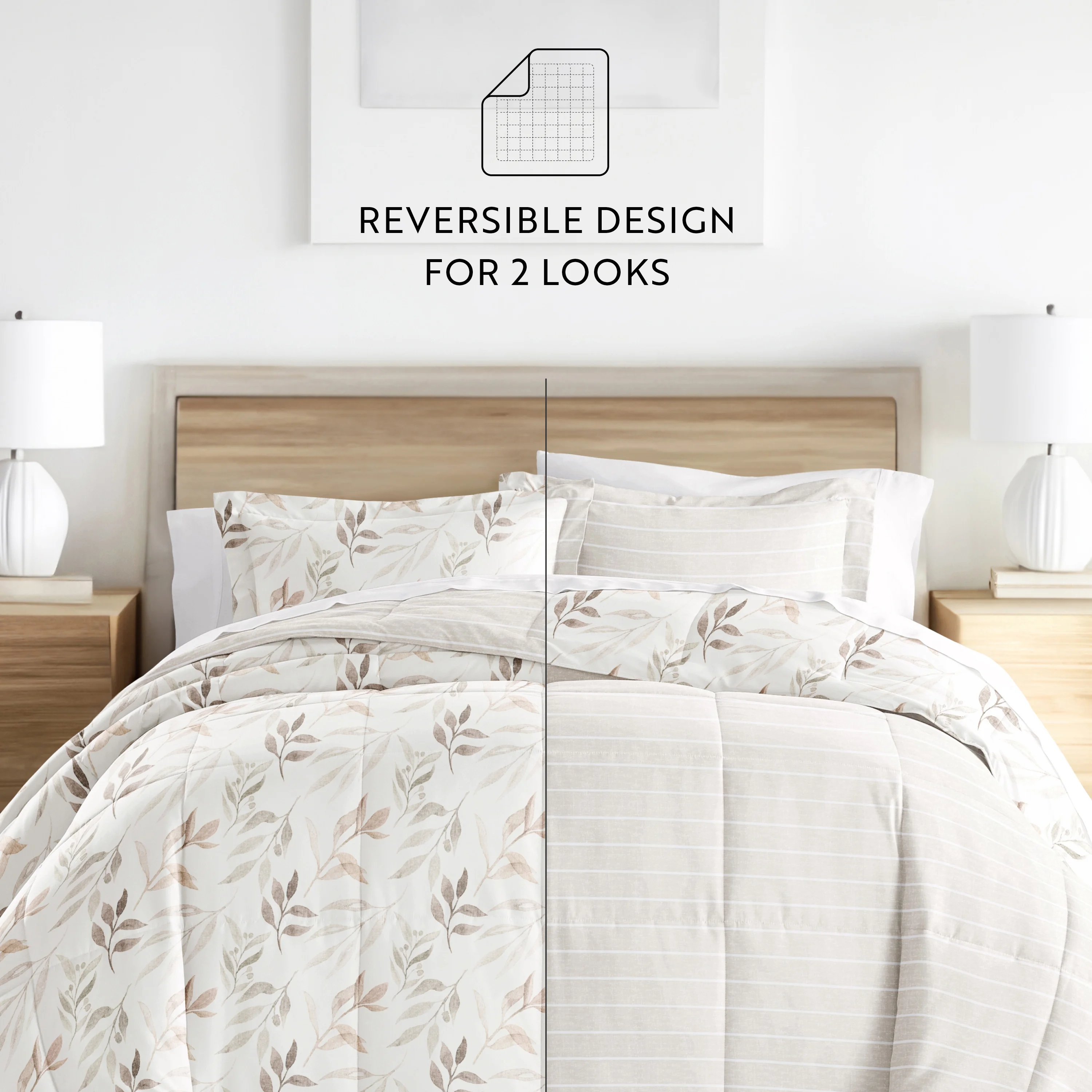 Noble Linens Down Alternative Foliage Stripe Ivory Reversible Comforter Set