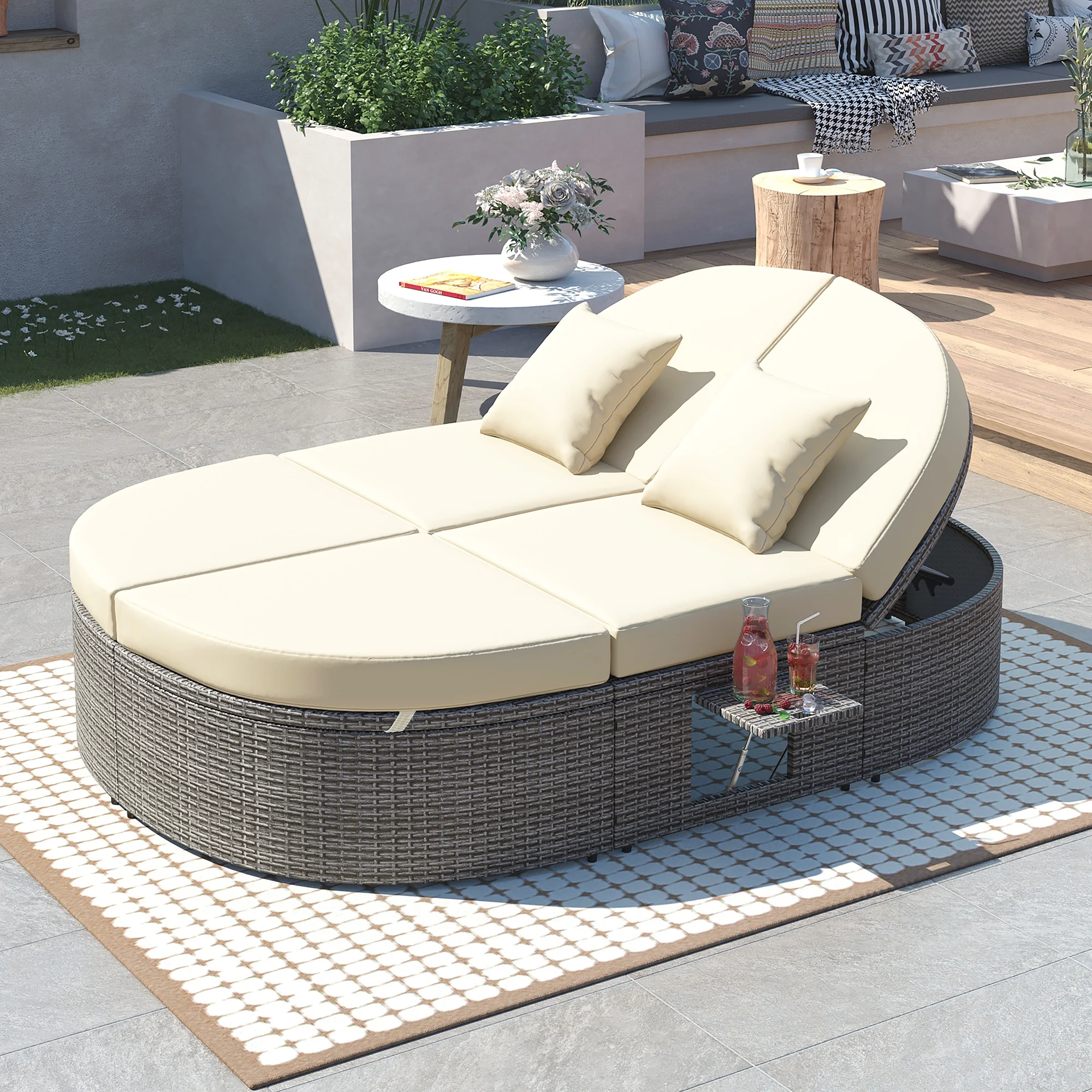 Homiyad Outdoor Sun Bed Patio 2-Person Daybed with Cushions and Pillows, Rattan Garden Reclining Chaise Lounge with Adjustable Backrests and Foldable Cup Trays for Lawn, Poolside, Beige