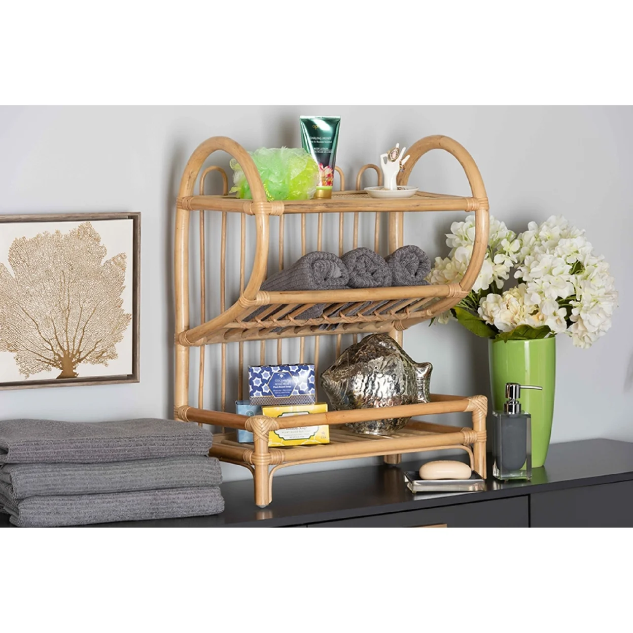 Baxton Studio Liora Modern Bohemian Natural Brown Finished Rattan 2-Tier Display Shelf