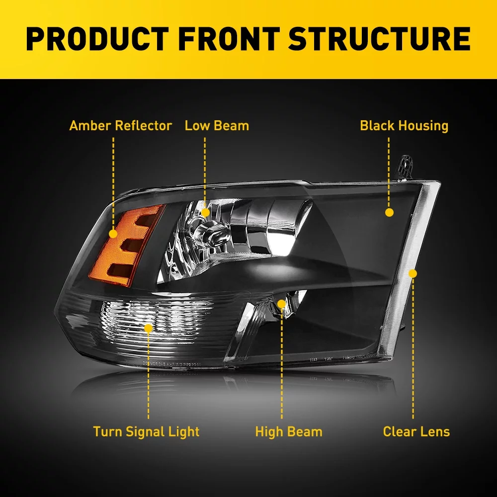 Headlight Assembly 2009-2018 Dodge Ram Quad 1500 2500 3500 Pickup Replacement Headlamp Black Housing Clear Lens