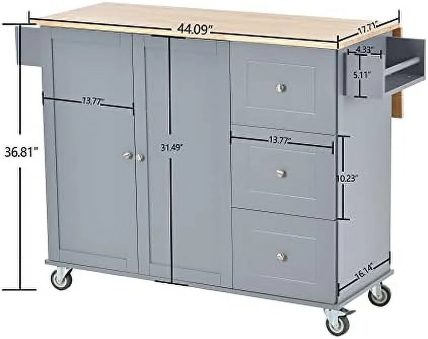 TJCGDTY Rolling Kitchen Island Cart with Folding Drop Leaf and  Cabinets  Kitchen Cart on Wheels with Spice Rack  Towel Rack and 3 Drawers  Dark Blue