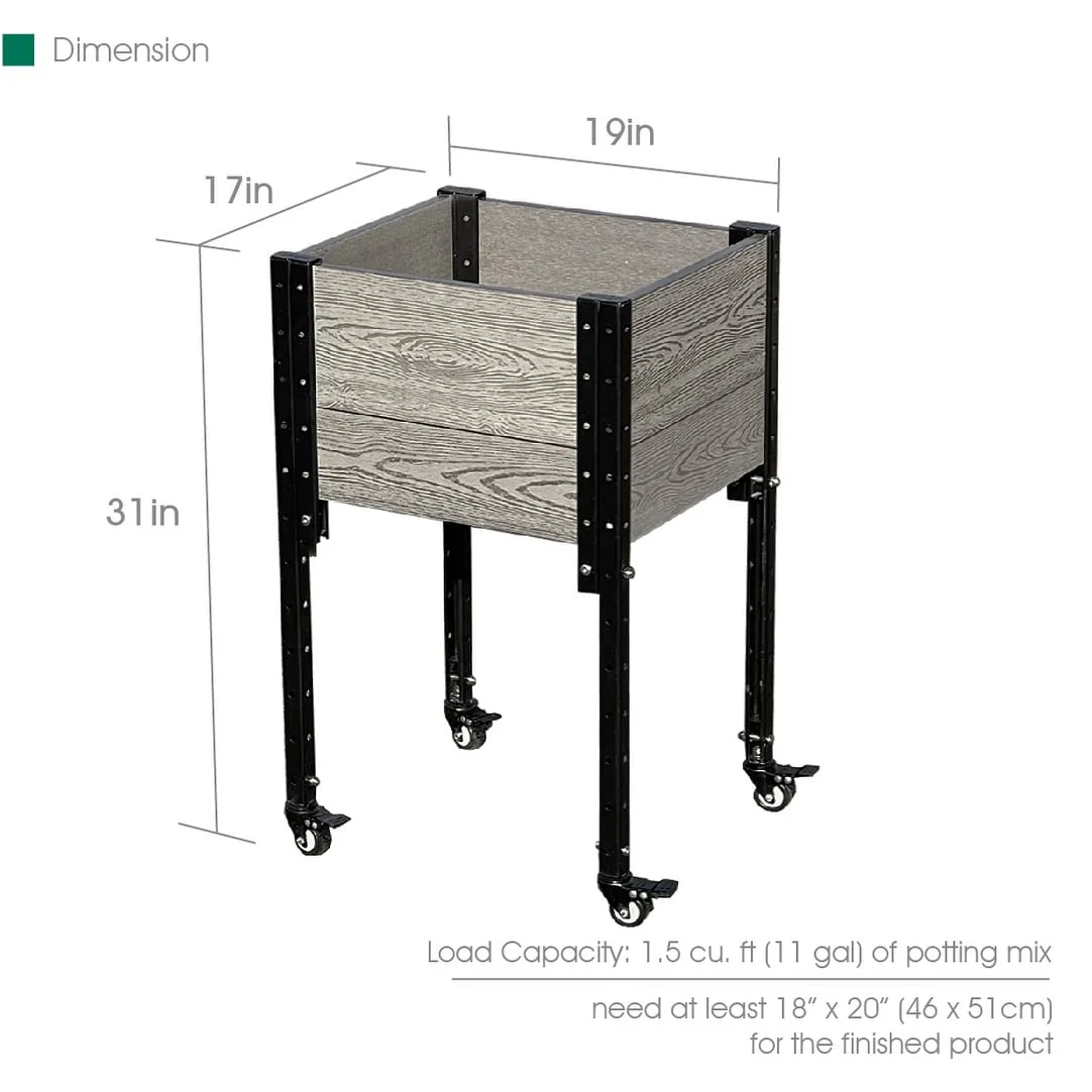 Mobile Elevated Corner Planter Box Raised Garden Bed Wood Texture Grey & Black