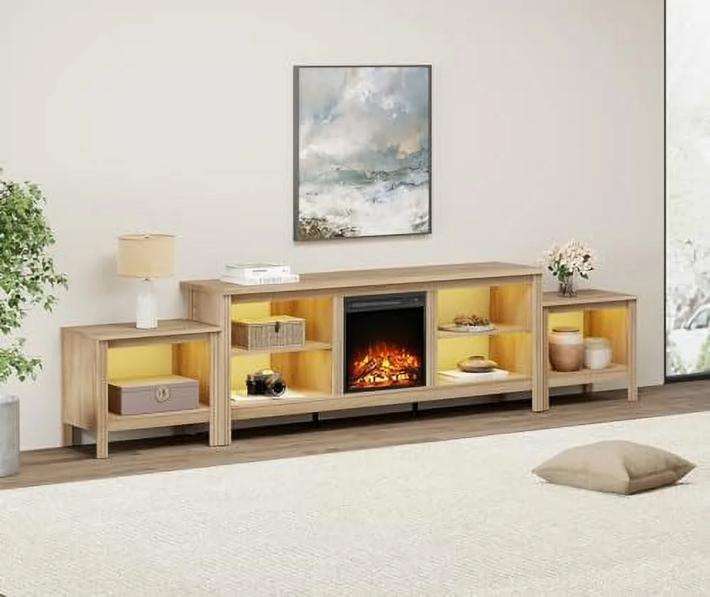 GEROBOOM Fireplace TV Stand for 75 NCH TV with RBG LED Light  Wood Entertainment Center for 80 85 90 Inch TV with 5 Cubby  2 End Table Set for Living Room Bedroom  Black
