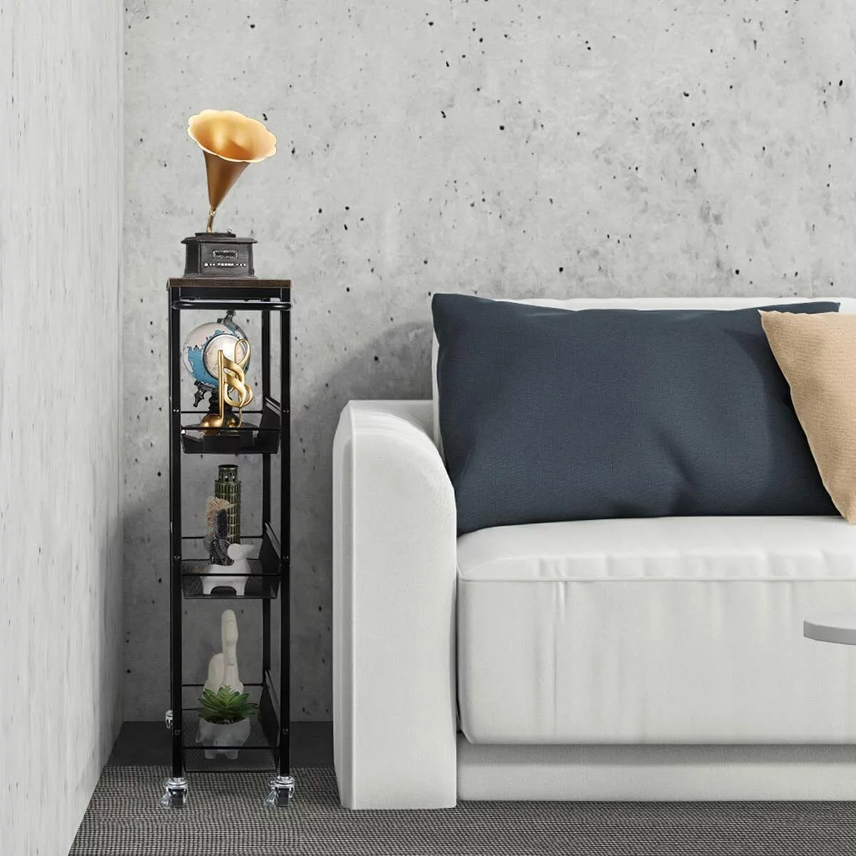 Slim Storage Cart Shelving Unit Narrow Storage Cart w/Wooden Top Kitchen 4 Tier