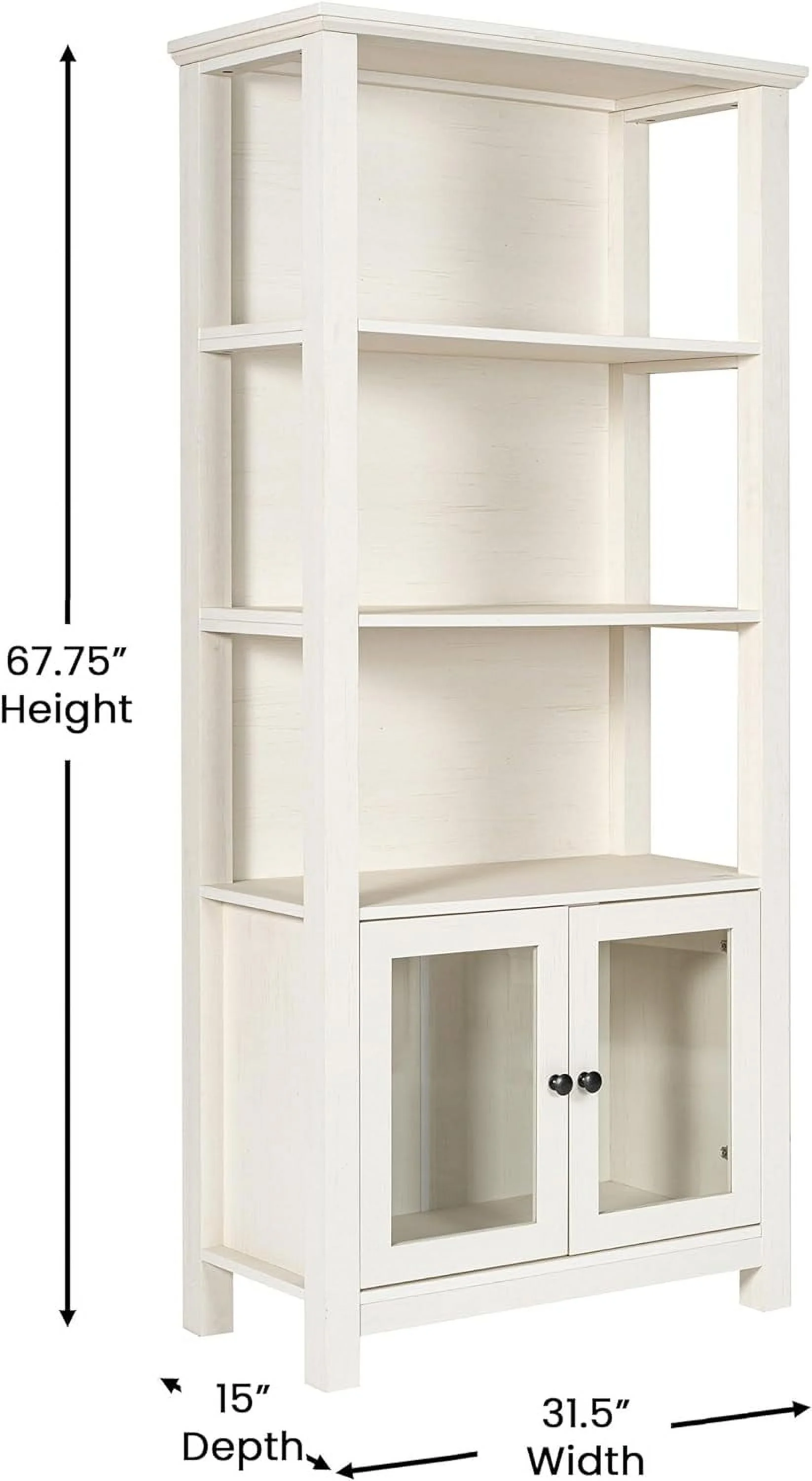 YANRUI Stella Modern Farmhouse Wooden Bookcase and Storage Cabinet with Tempered Glass Doors and 3 Upper Shelves, Set of 1, White