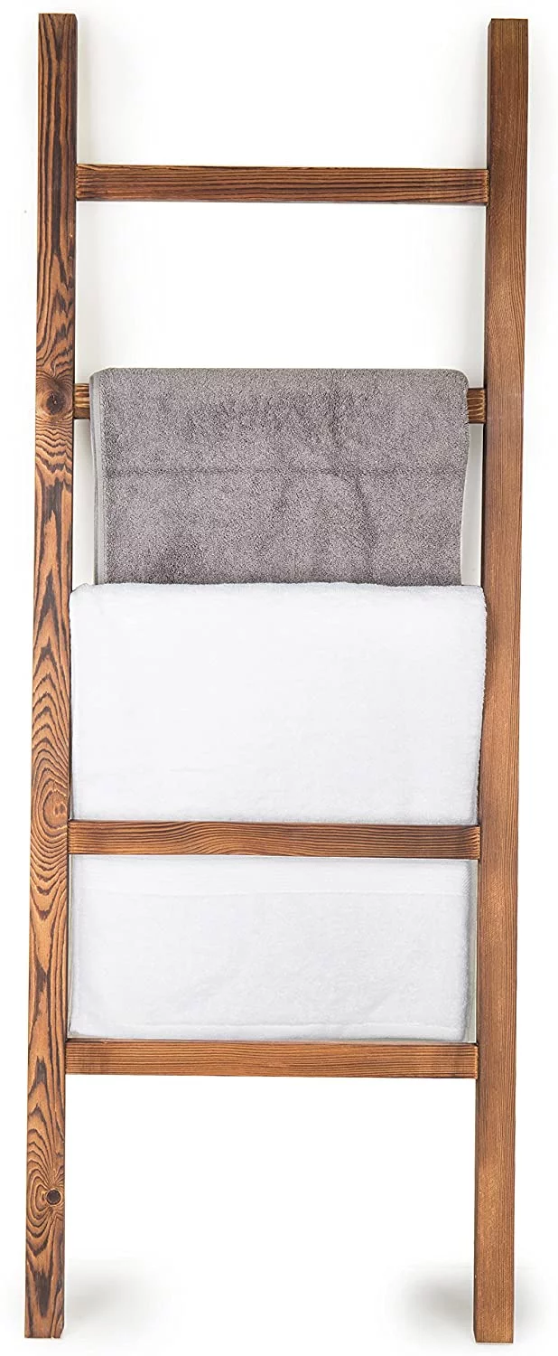 MyGift 4.5 Foot Brown Wood Blanket Quilt Ladder Rack