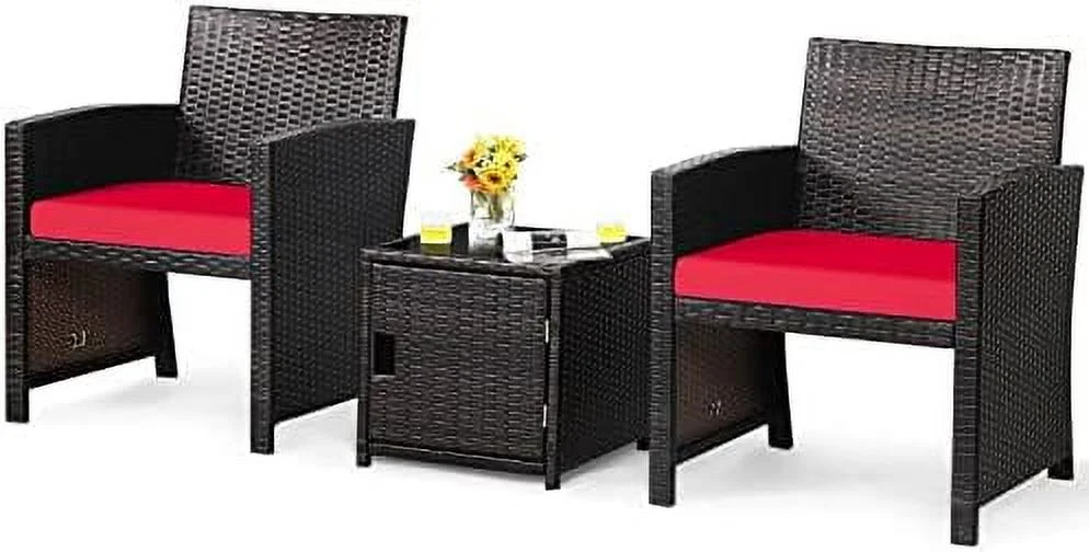 JDZHAPPYLIFE 3 Piece Outdoor   PE Wicker Patio Conversation Set with Side  Table with Door  Soft Cushions and Protective Cover  Outdoor Sofa and Table Set