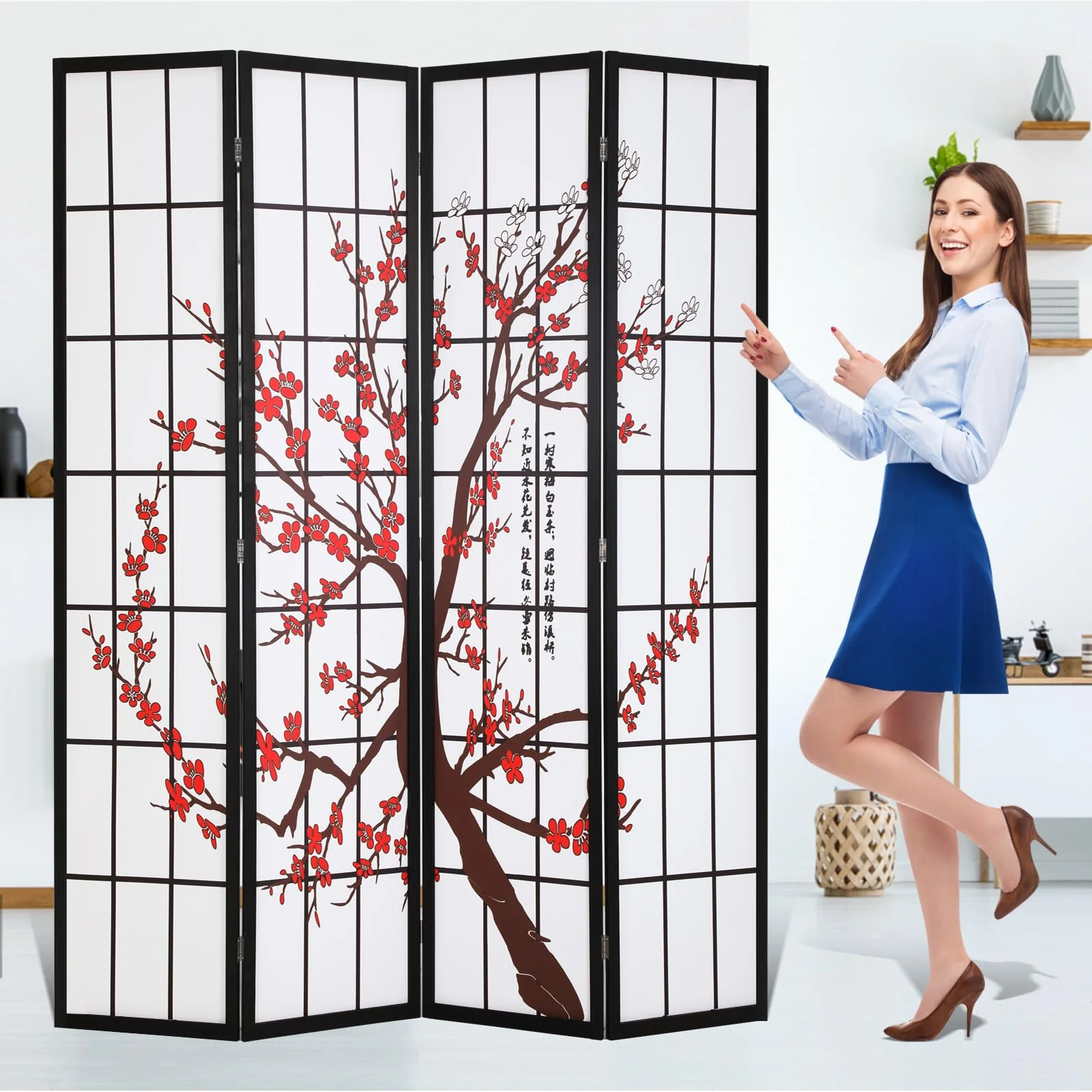 Room Divider 4 Panel Folding Privacy Screen 6Ft Room Partition Shoji Wall Divider Screen Portable Wood Divider for Office, Bedroom, Restaurant, Freestanding