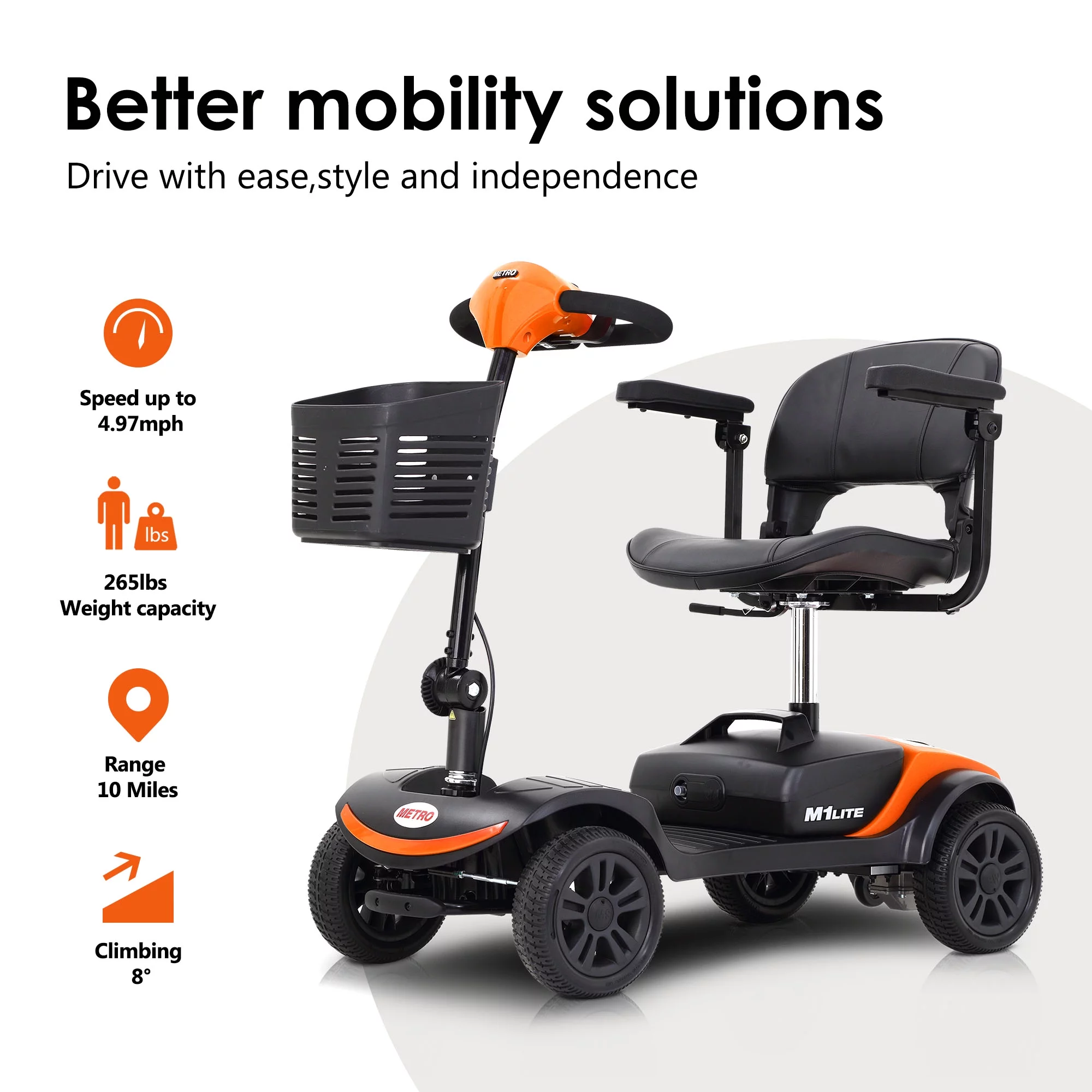 Segmart Mobility Scooter for Seniors, 4 Wheel Compact Travel Electric Scooter with Battery & Basket, 265lbs, Orange (Basic)
