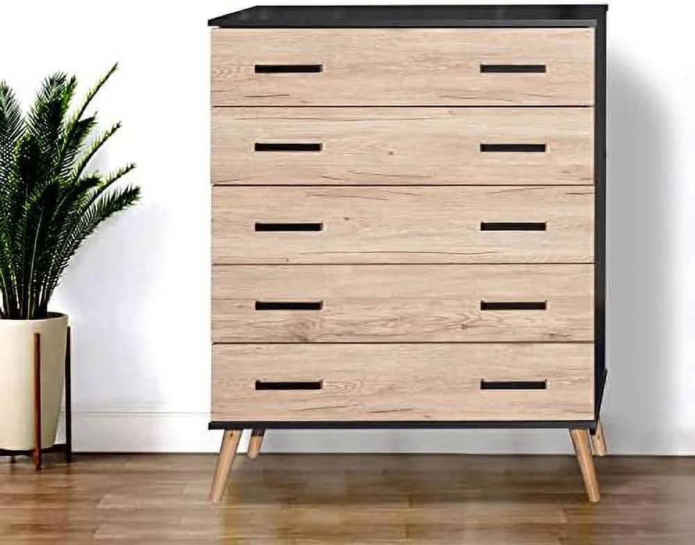 xrboomlife Eli Mid-Century Modern 5 Drawer Chest in White & Natural Oak