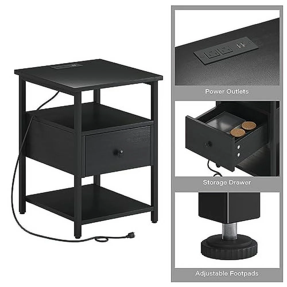 Modern End Table Bedside Table with USB Ports and Storage – Nightstand Set of 2 with Charging Station for Bedroom, Living Room, Sofa Couch