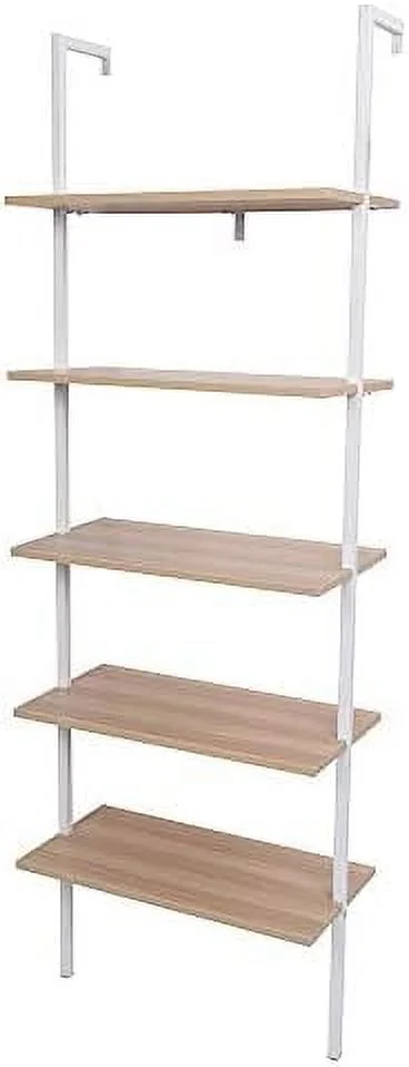 HYHBIBOOM 5-Tier Open Wall-Mounted Bookshelf with Metal Frame - Industrial Modern Ladder  - Floating Bookcase Organizer - Hanging  Rack Shelves for Home and Office - White