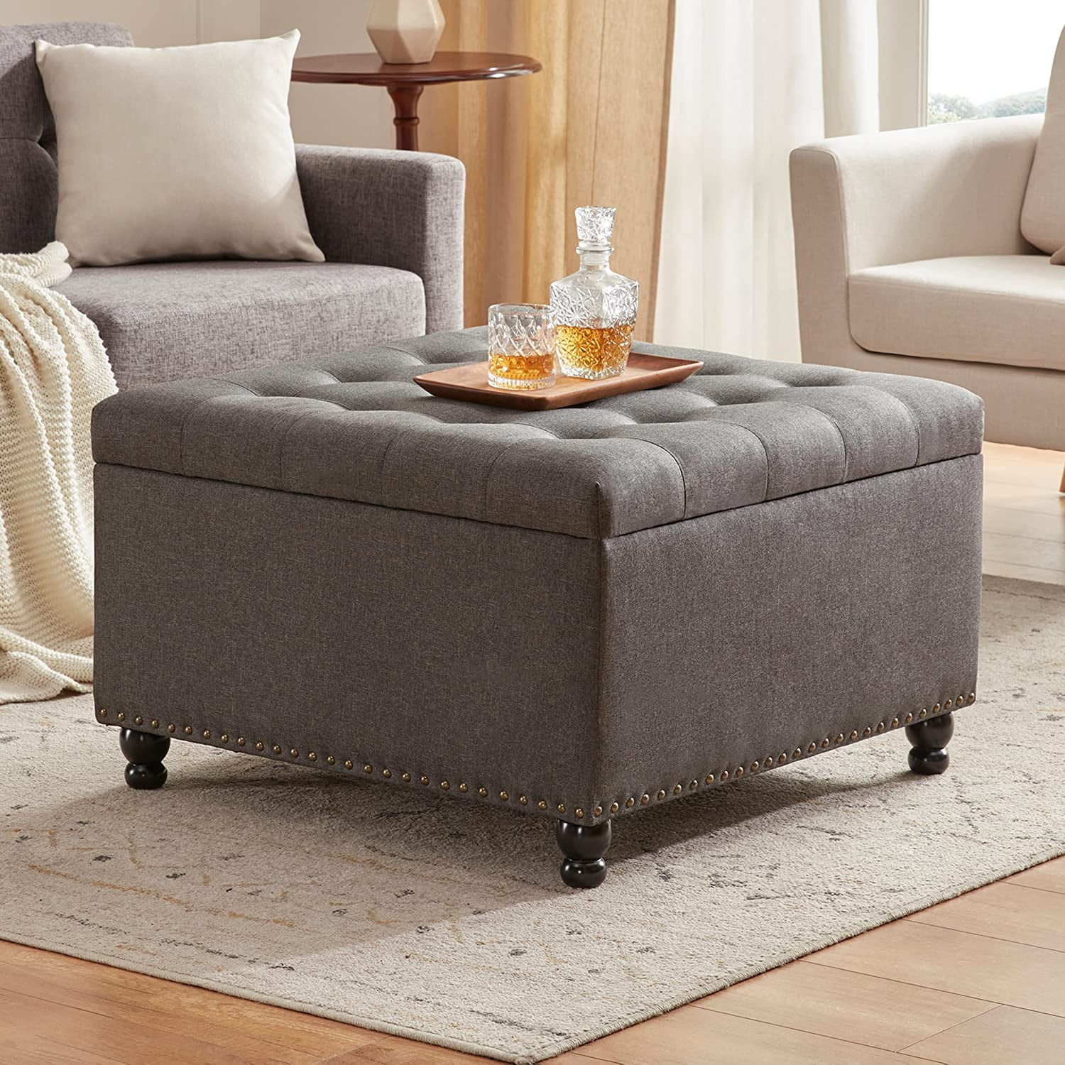 Large Square Storage Ottoman Bench, Tufted Upholstered Coffee Table with Storage, Oversized Storage Ottomans Toy Box Footrest for Living Room, Dark Grey