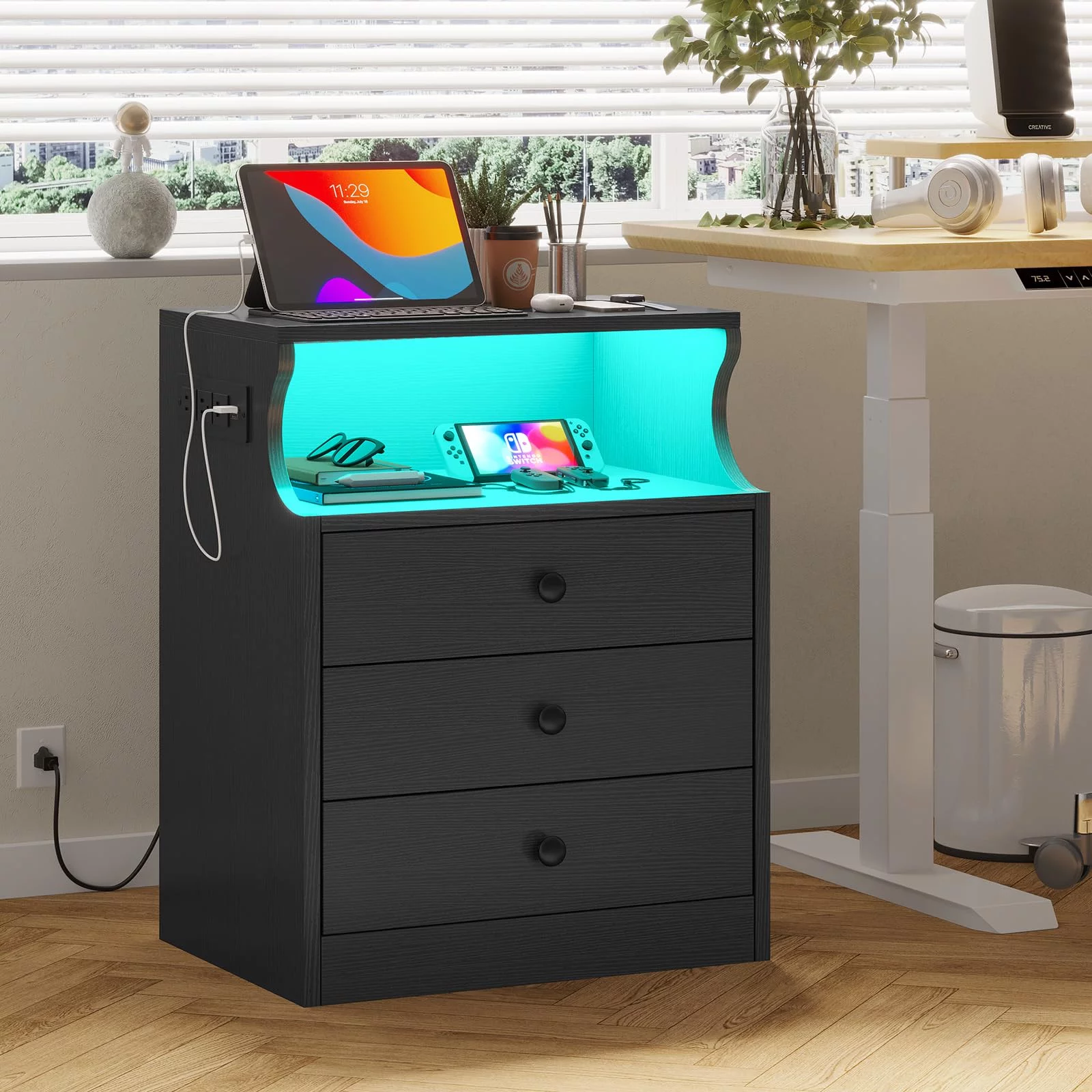 ADORNEVE Nightstand with LED Light, End Side Table with Charging Station, Bedside Table with 3 Drawers and Open Storage, Black