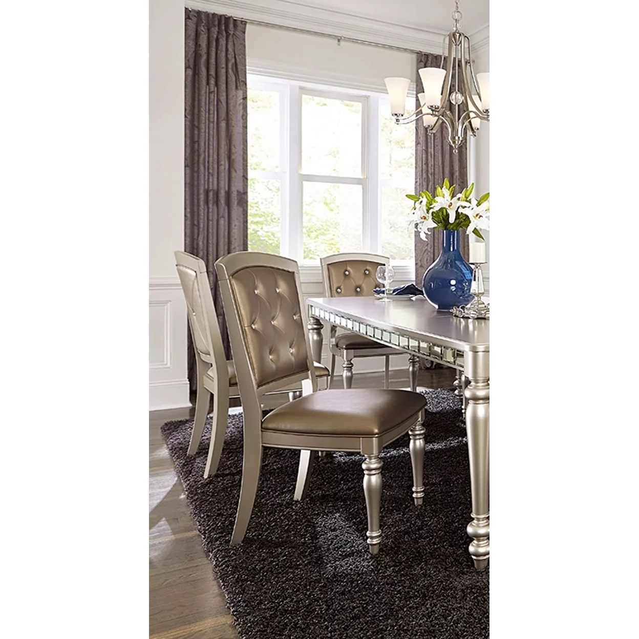 Benzara BM176310 Wood & Leather Dining Side Chair with Crystal Tufting - Silver, Set of 2