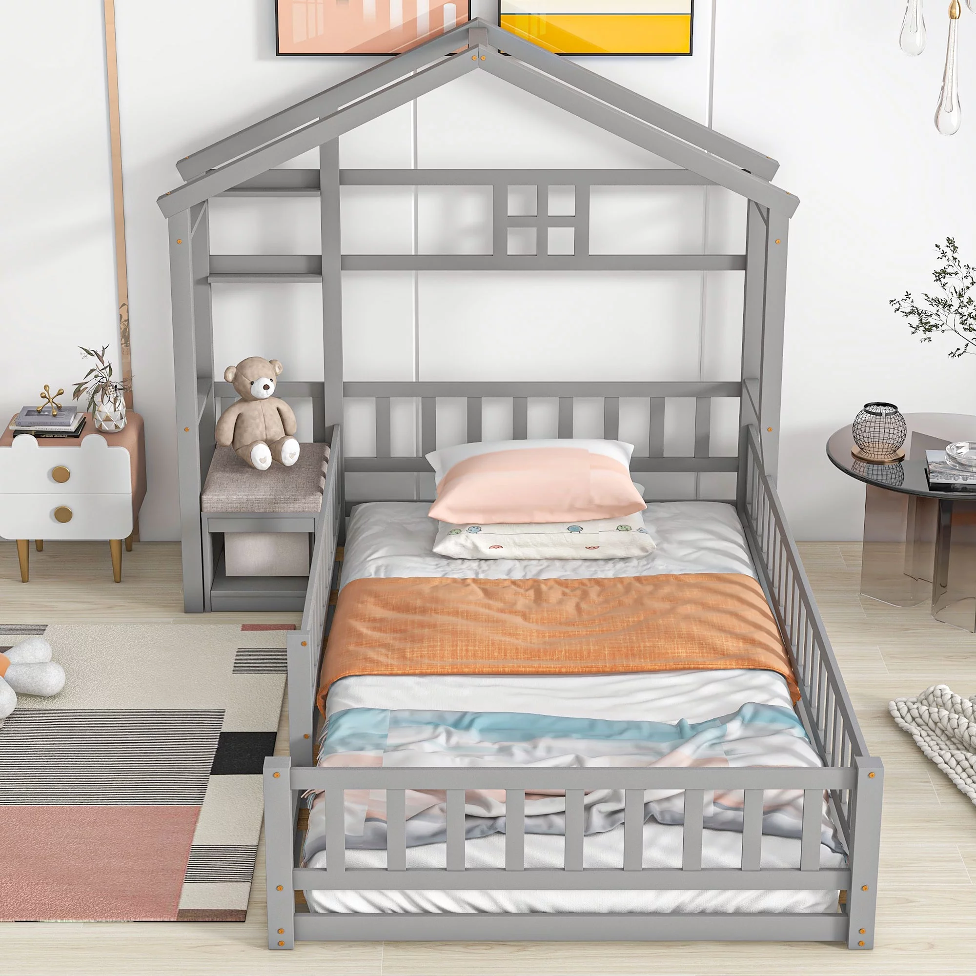 Bellemave Twin Size Floor Platform Bed with Cushion Stand,House-Style Headboard Floor Bed with Fence Guardrails,Wooden House Bed for Kids Boys Girls,Gray