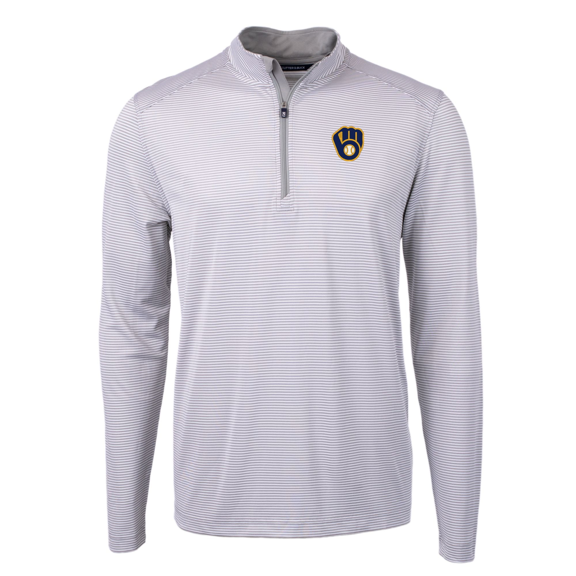 Men's Cutter & Buck Gray/White Milwaukee Brewers Virtue Eco Pique Micro Stripe Big & Tall Recycled Quarter-Zip Pullover