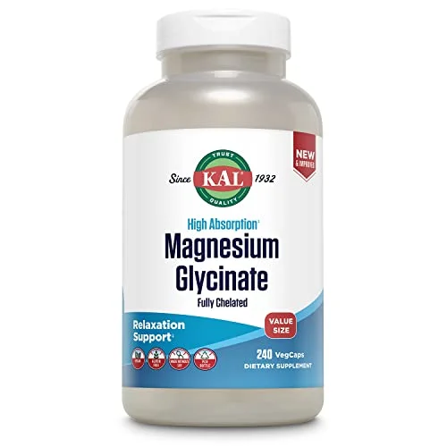 KAL Magnesium Glycinate Capsules, Fully Chelated Magnesium Bisglycinate, High Absorption Magnesium Supplement, Healthy Bones, Muscle, Relaxation and Stress Support, Non-GMO 160 count