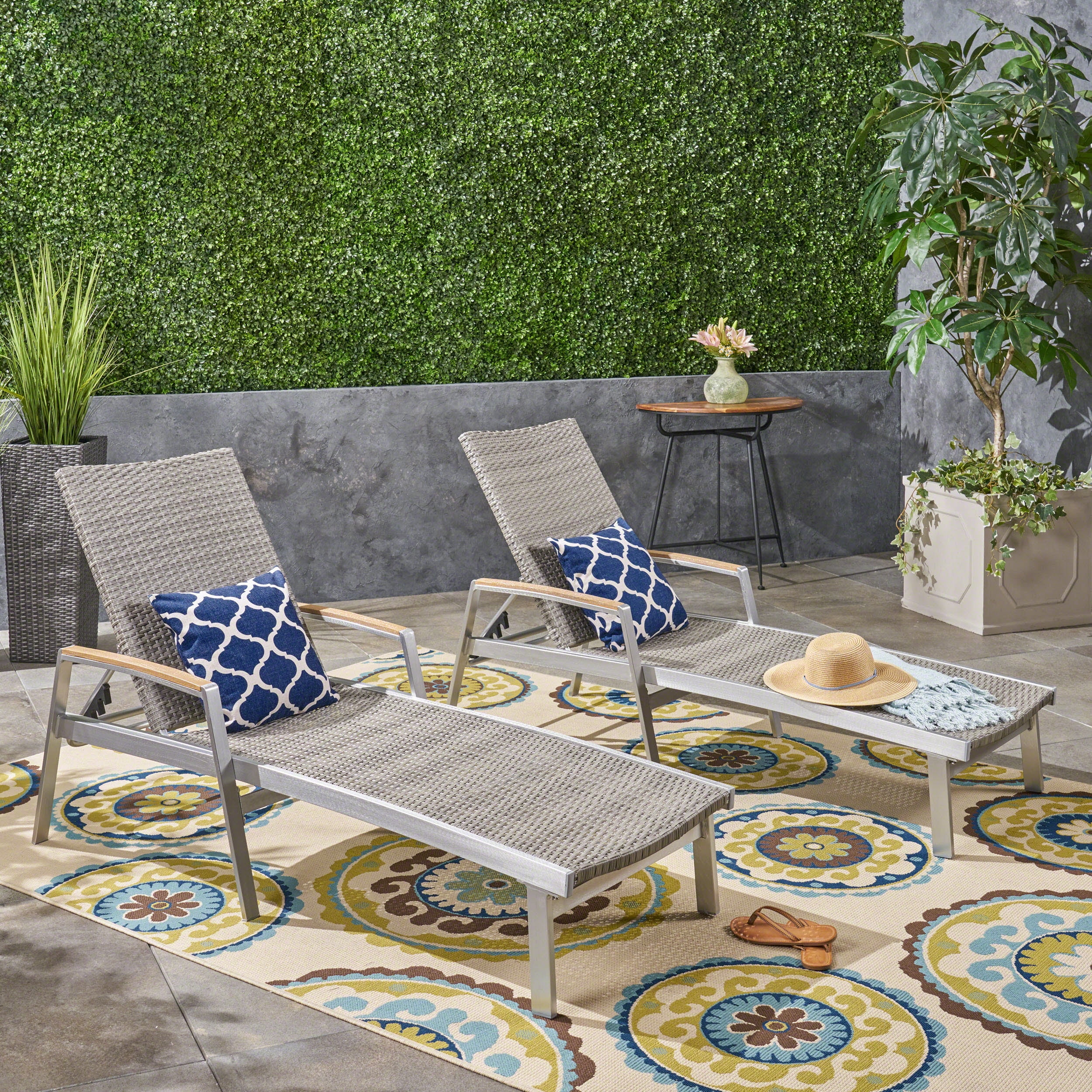 Levi Outdoor Wicker and Aluminum Chaise Lounges, Set of 2, Gray