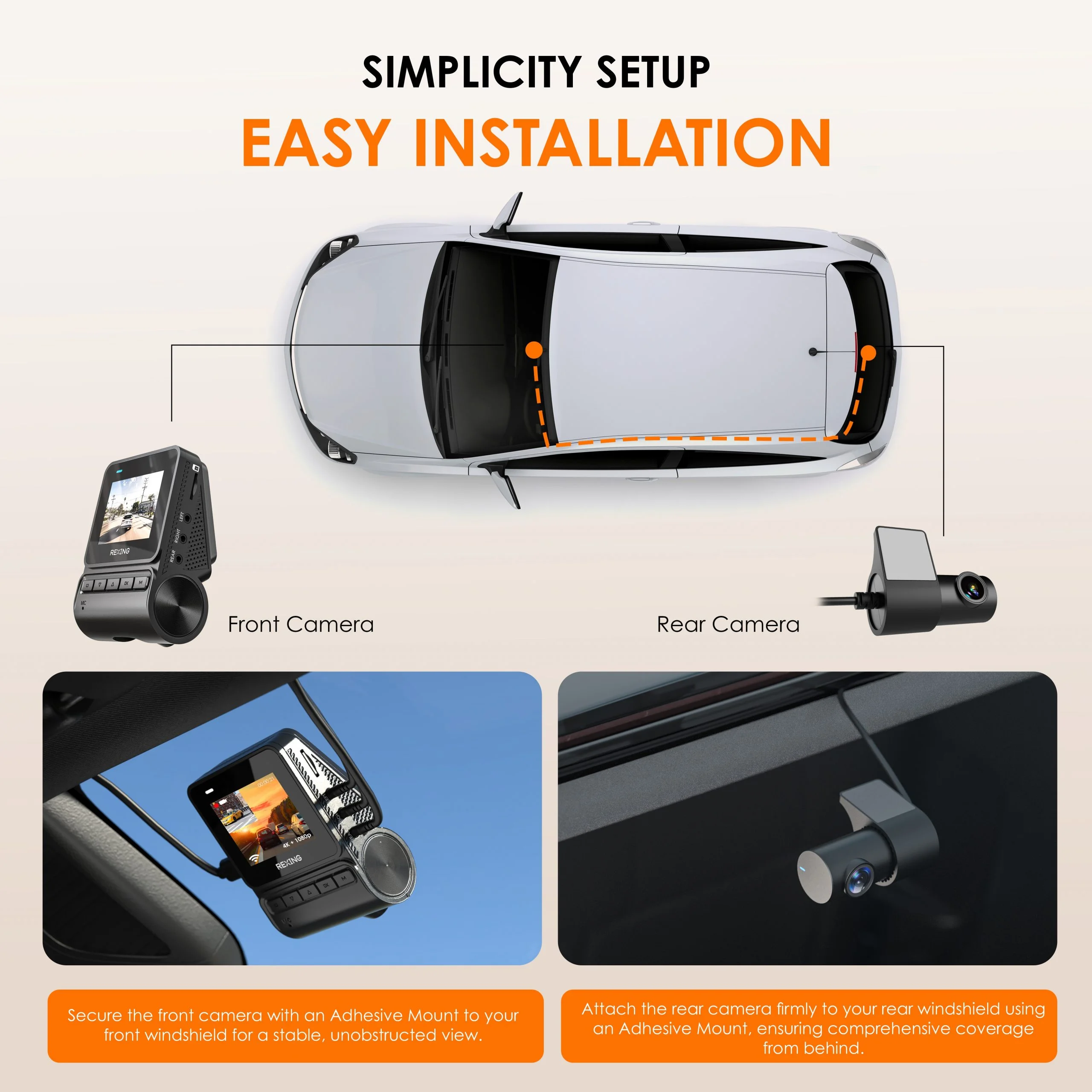Rexing RH2 Dual Dash Cam – 4K Front and 1080p Rear Dash Camera with Wi-Fi, Optional GPS, and 64GB Card Included