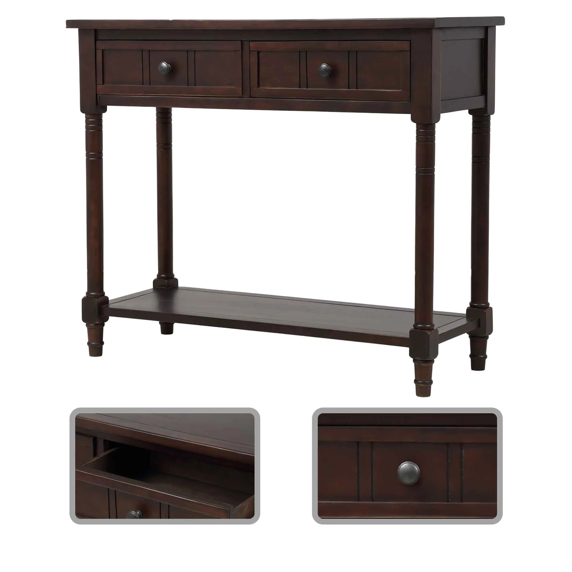 Traditional Design Wood Console Table with Bottom Open Shelf and 2 Drawers