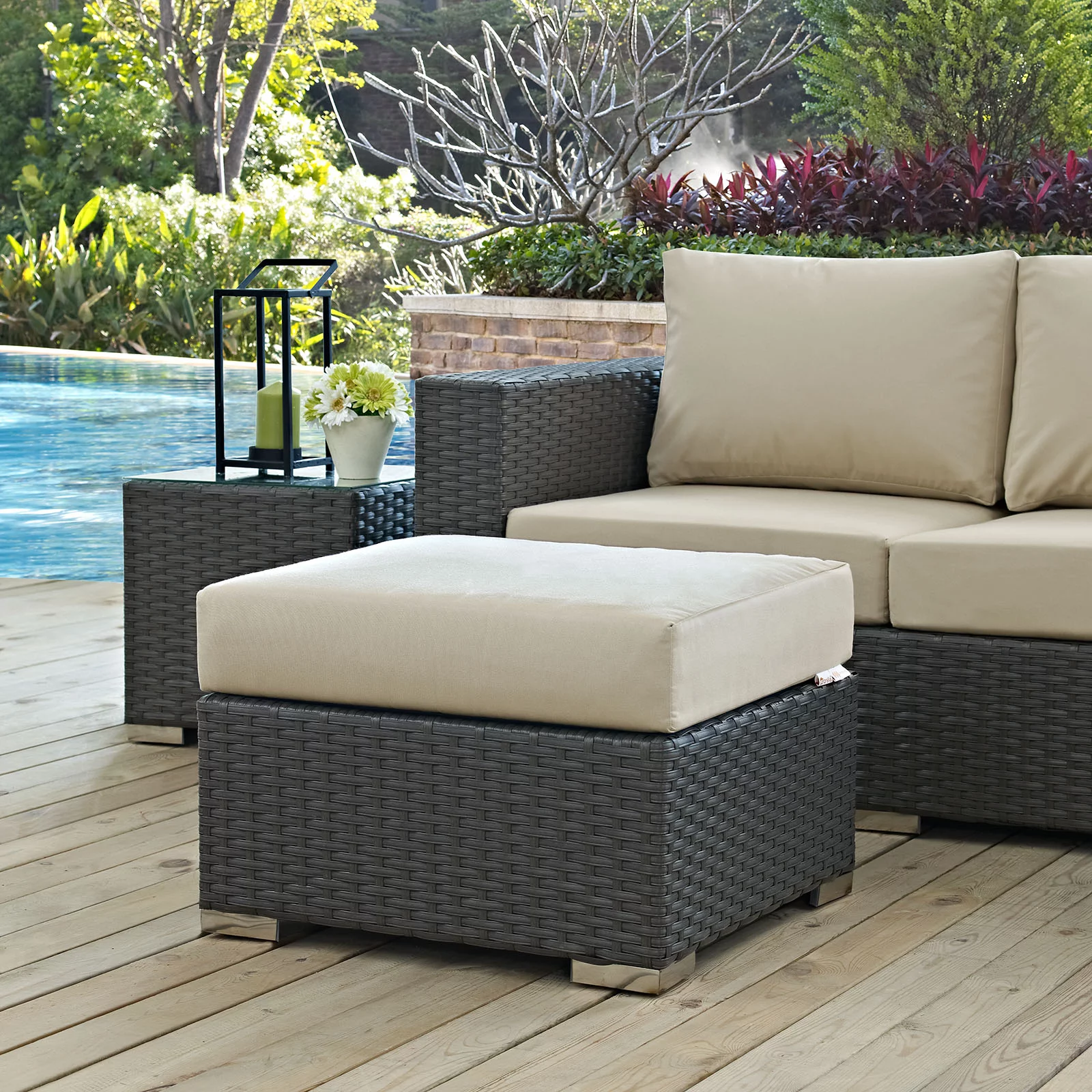 Modern Contemporary Urban Design Outdoor Patio Balcony Ottoman, Beige, Rattan