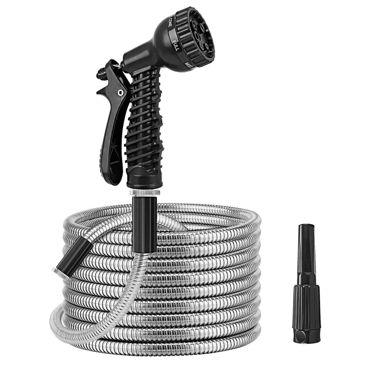 Moclever 50ft Metal Water Hose, Flexible Extendable Heavy Duty Stainless Steel Garden Hose with 2 Nozzles 12 Patterns for Garden Yard Patio, Silver