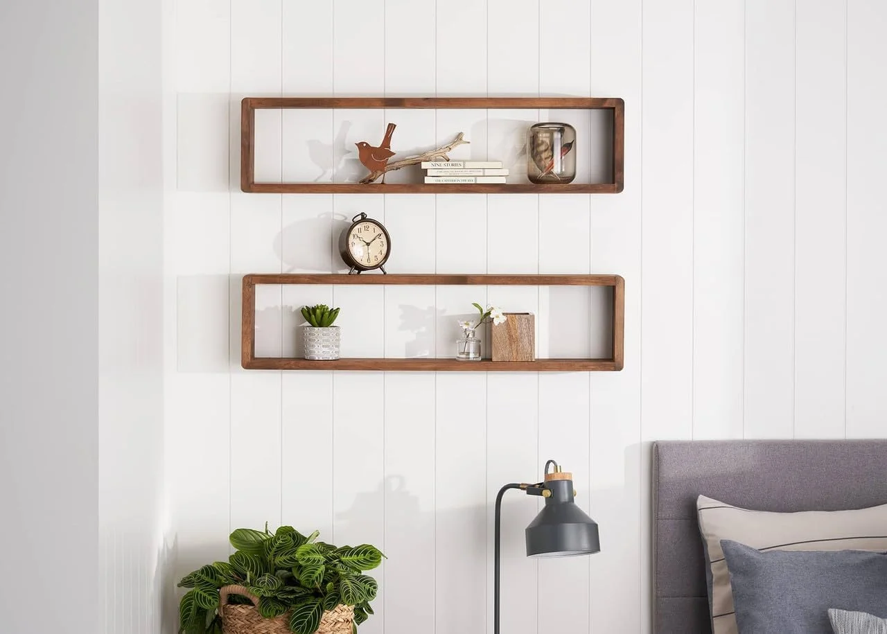 Stackable Floating Box Shelves (Set of 2) | Solid Wood | Wall Mount | Modern Farmhouse Decor | 8 x 32 Inch