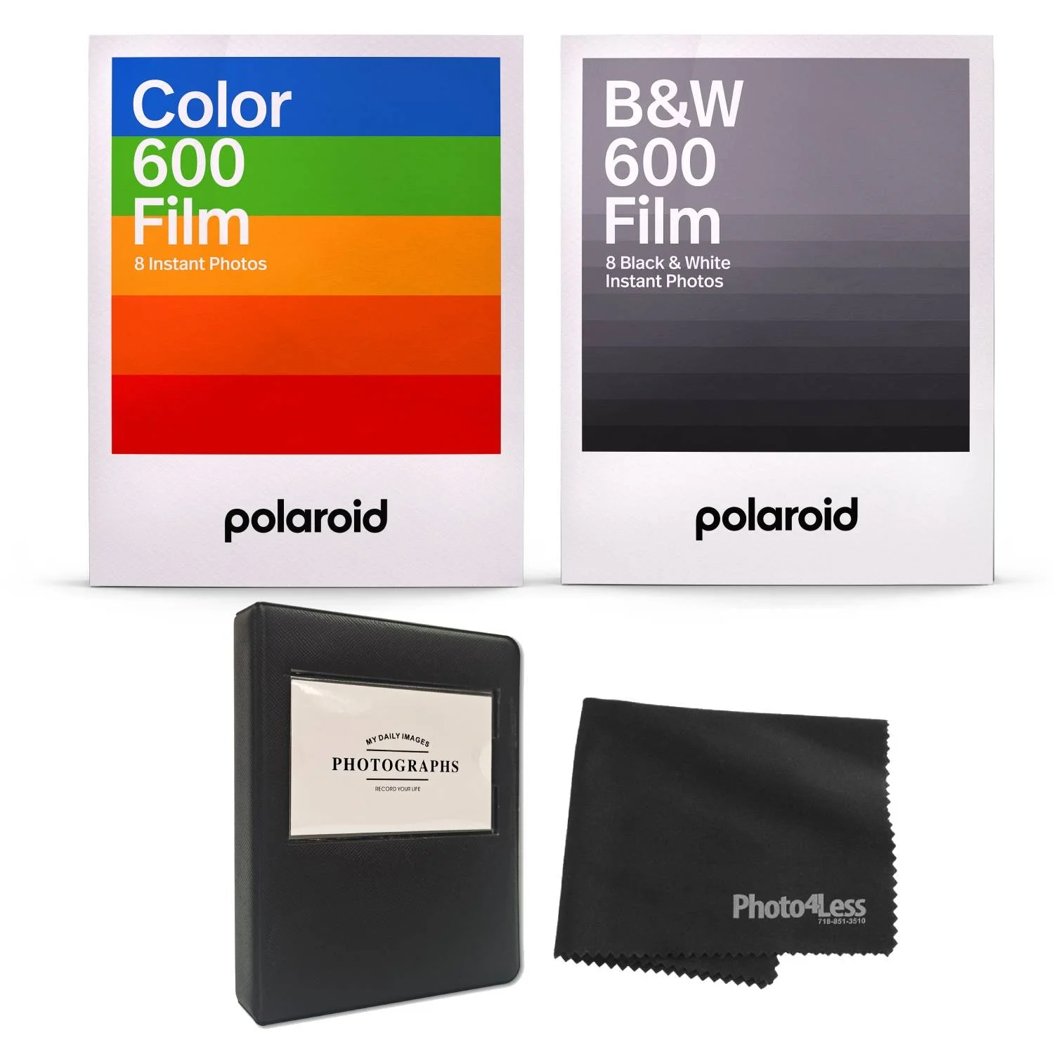 Polaroid Black & White Instant Film for 600 (8 Exposures) + Polaroid Color Instant Film for 600+ Album + Cloth