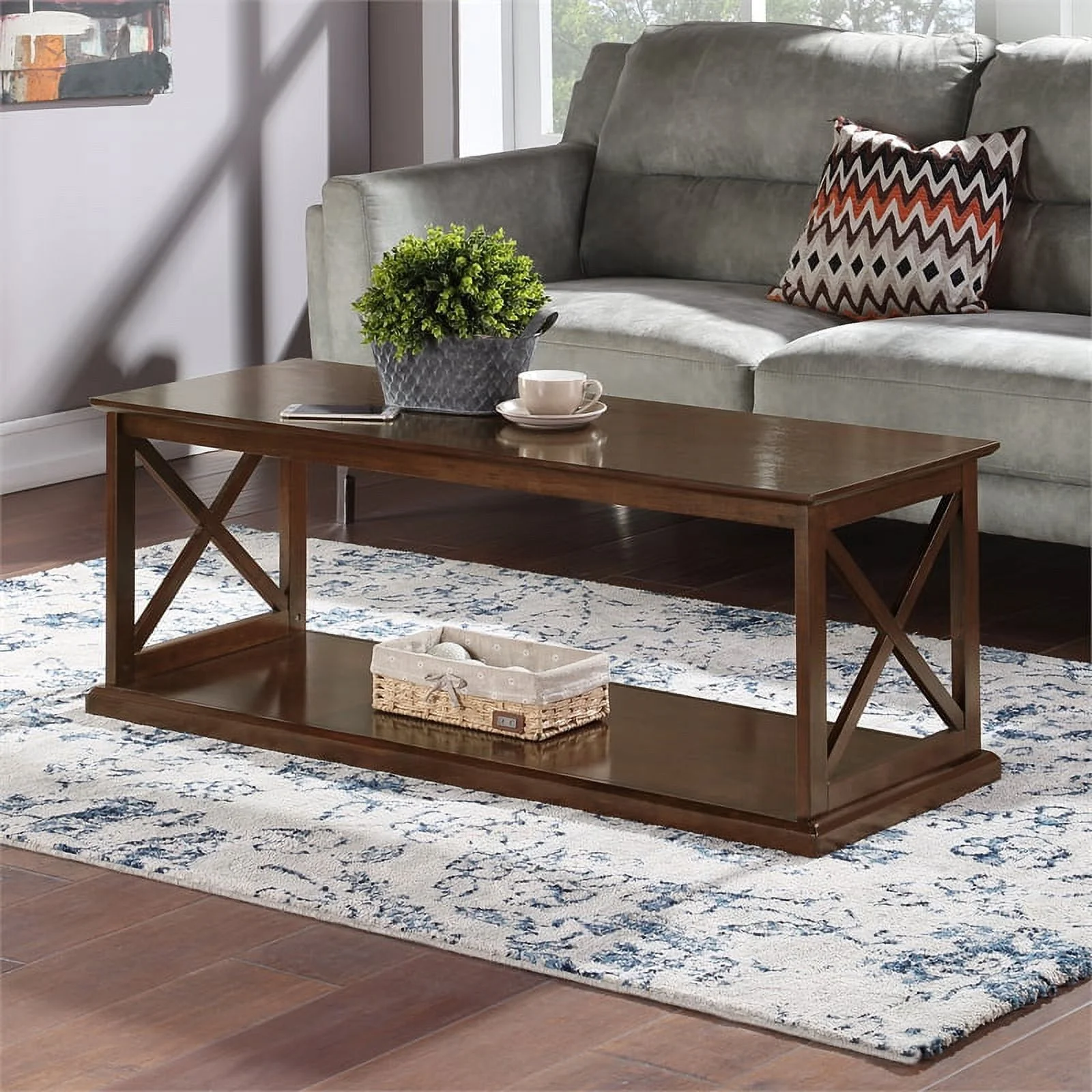 Pemberly Row Coffee Table with Shelf in Espresso Wood Finish with 