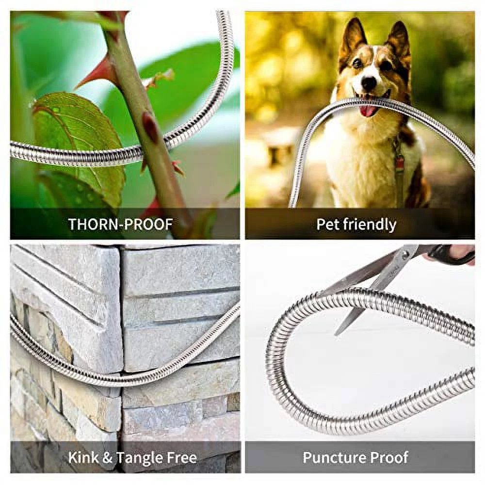 kegemor Garden Hose 100 ft-Metal Water Hose -Flexible Lightweight Outdoor Yard Strong Durable Heavy Duty 304 Stainless Steel Hose Pipe with 10-Way Nozzle, Solid 3/4