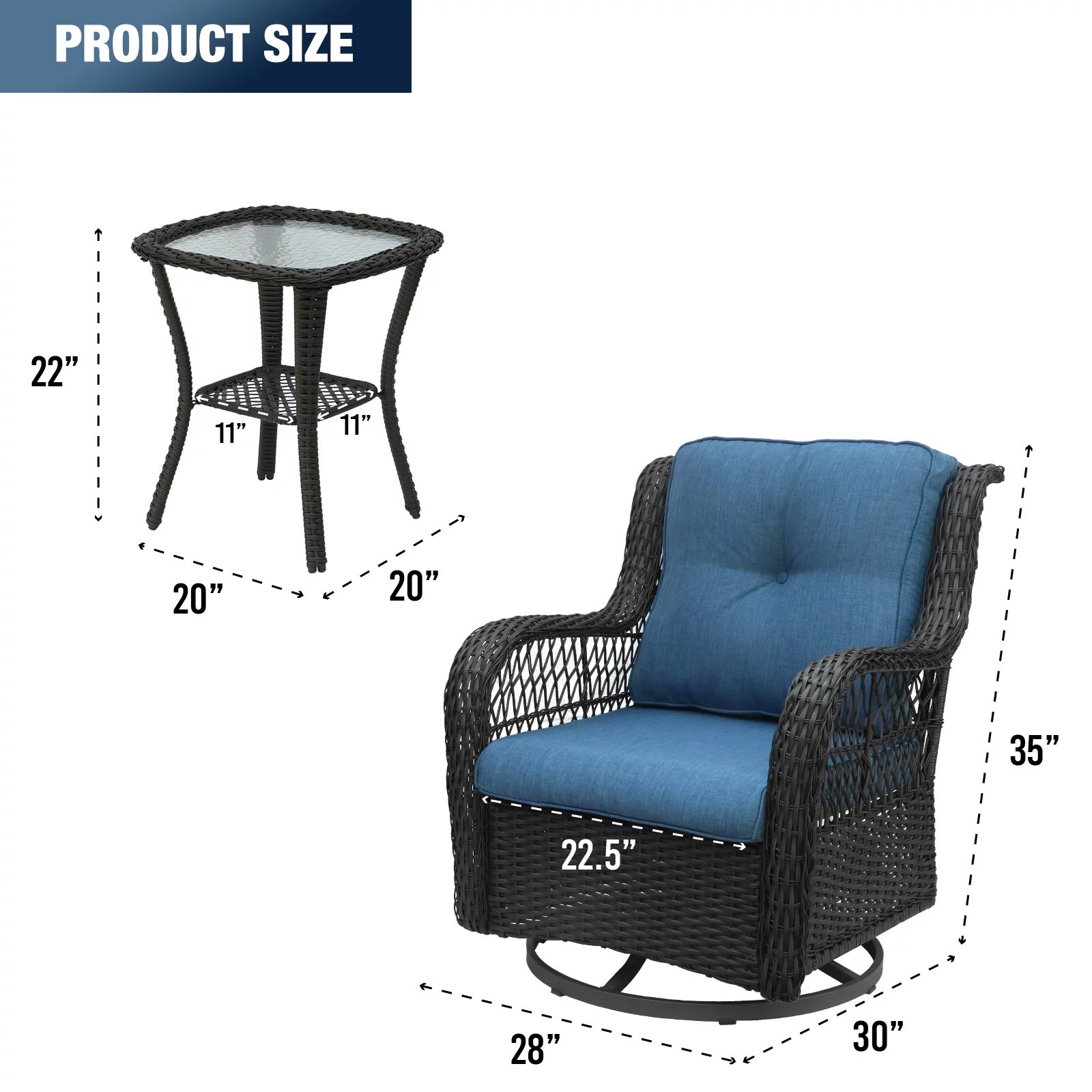 EURO SAKURA 3 PCS Outdoor Wicker Swivel Rocker Patio Set,360 Degree Swivel Rocking Rattan Chairs Patio Wicker Bistro Sets