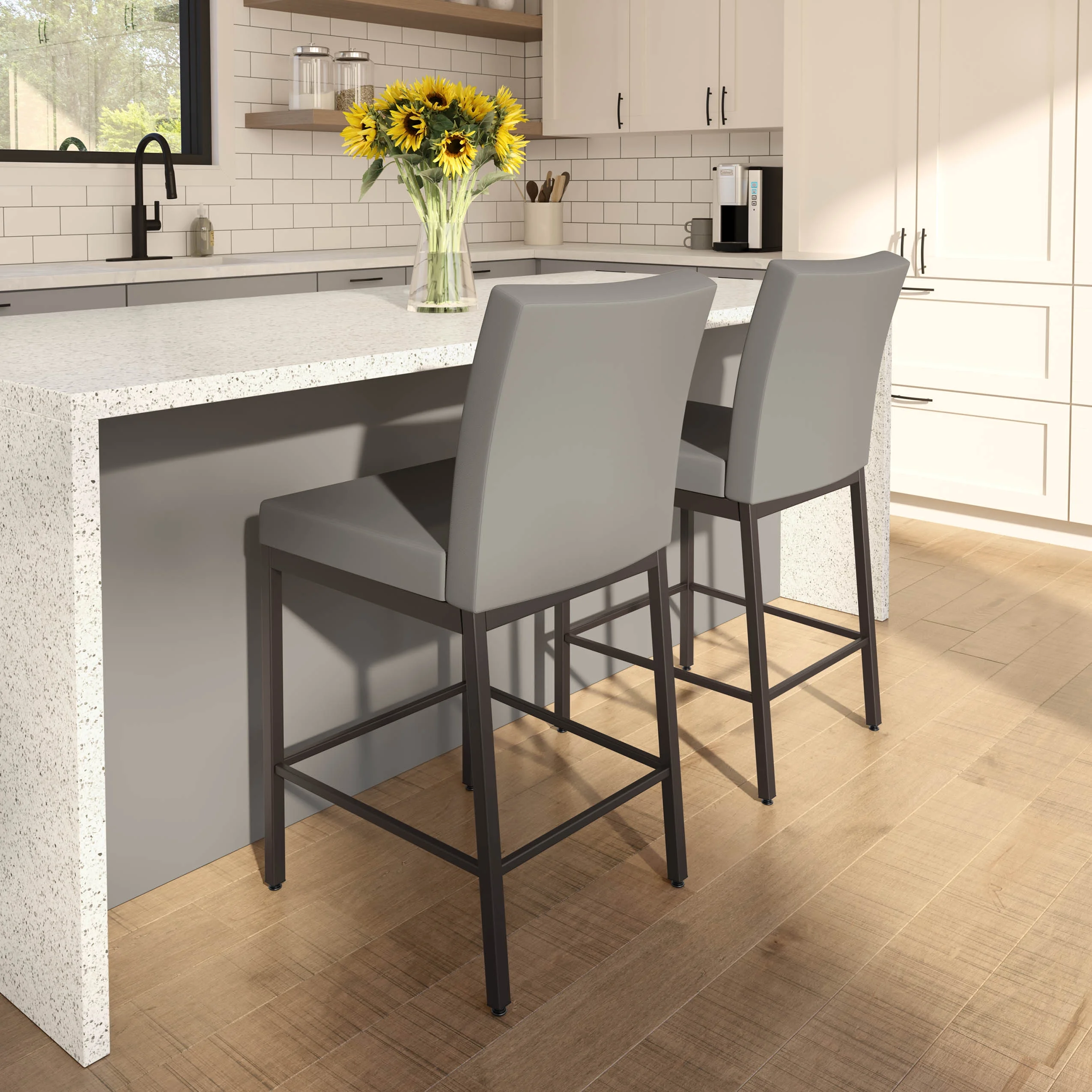 Amisco Perry Plus 30 In. Bar Stool - Taupe Grey Faux Leather / Dark Brown Metal