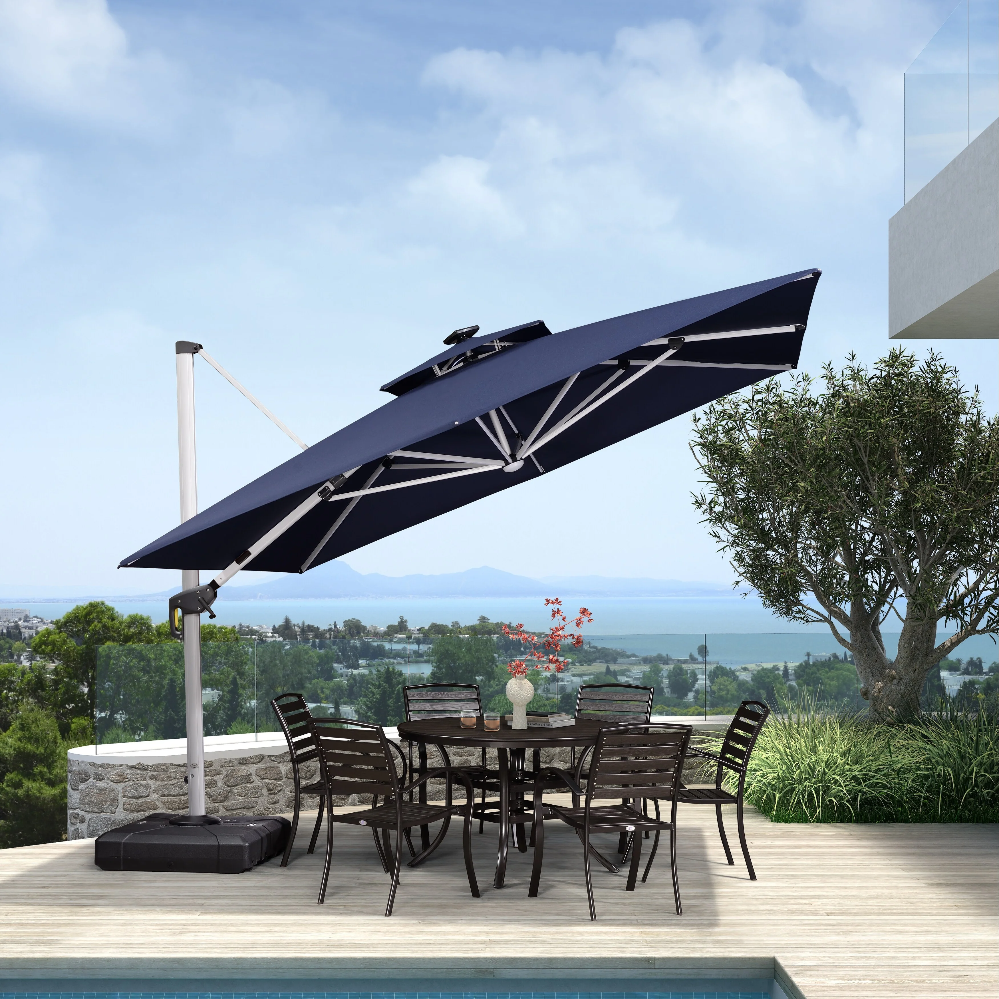 PURPLE LEAF  11 ft Double Top LED Square Patio Cantilever Umbrella Navy Blue