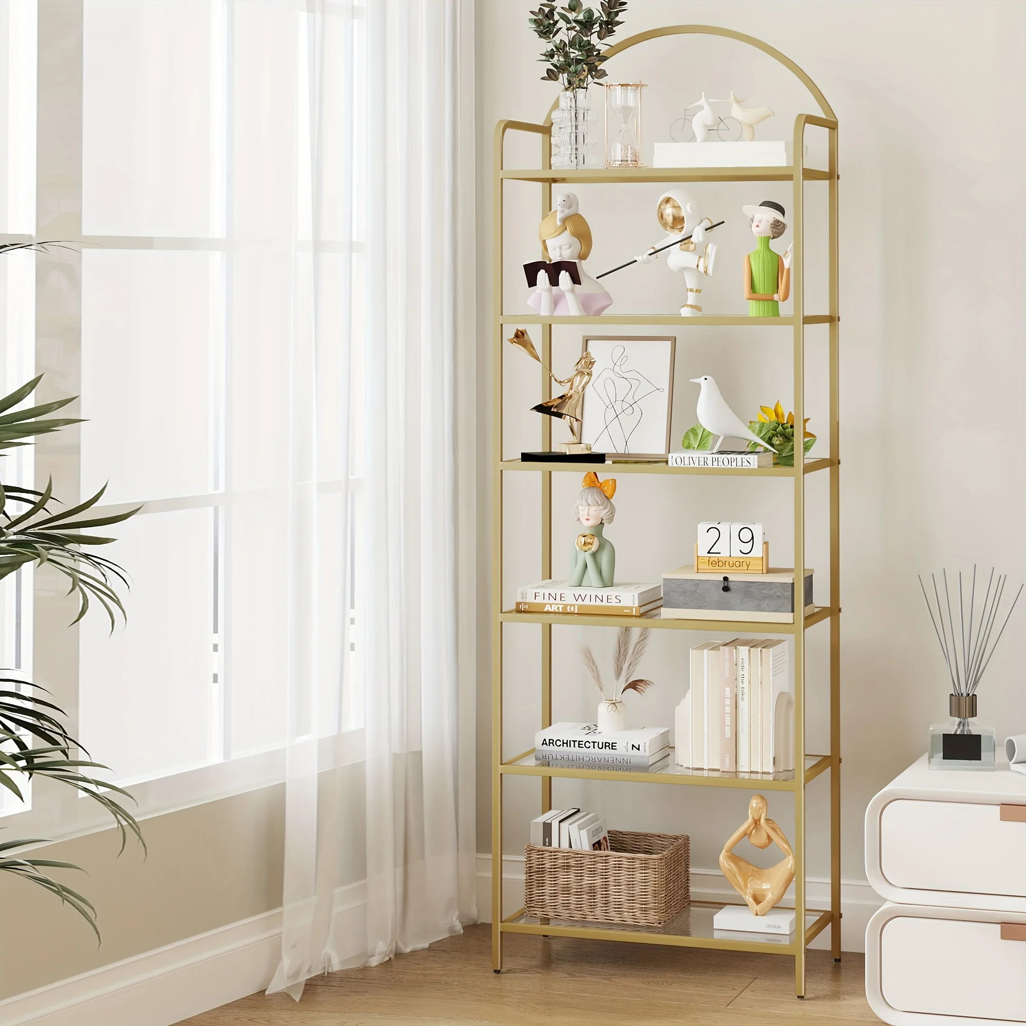 5 Tier Bookcase Bookshelf, Wide Tempered Glass Bookshelves, Slim Shelving Unit for Bedroom, Bathroom, Home Office, Steel Frame, Gold