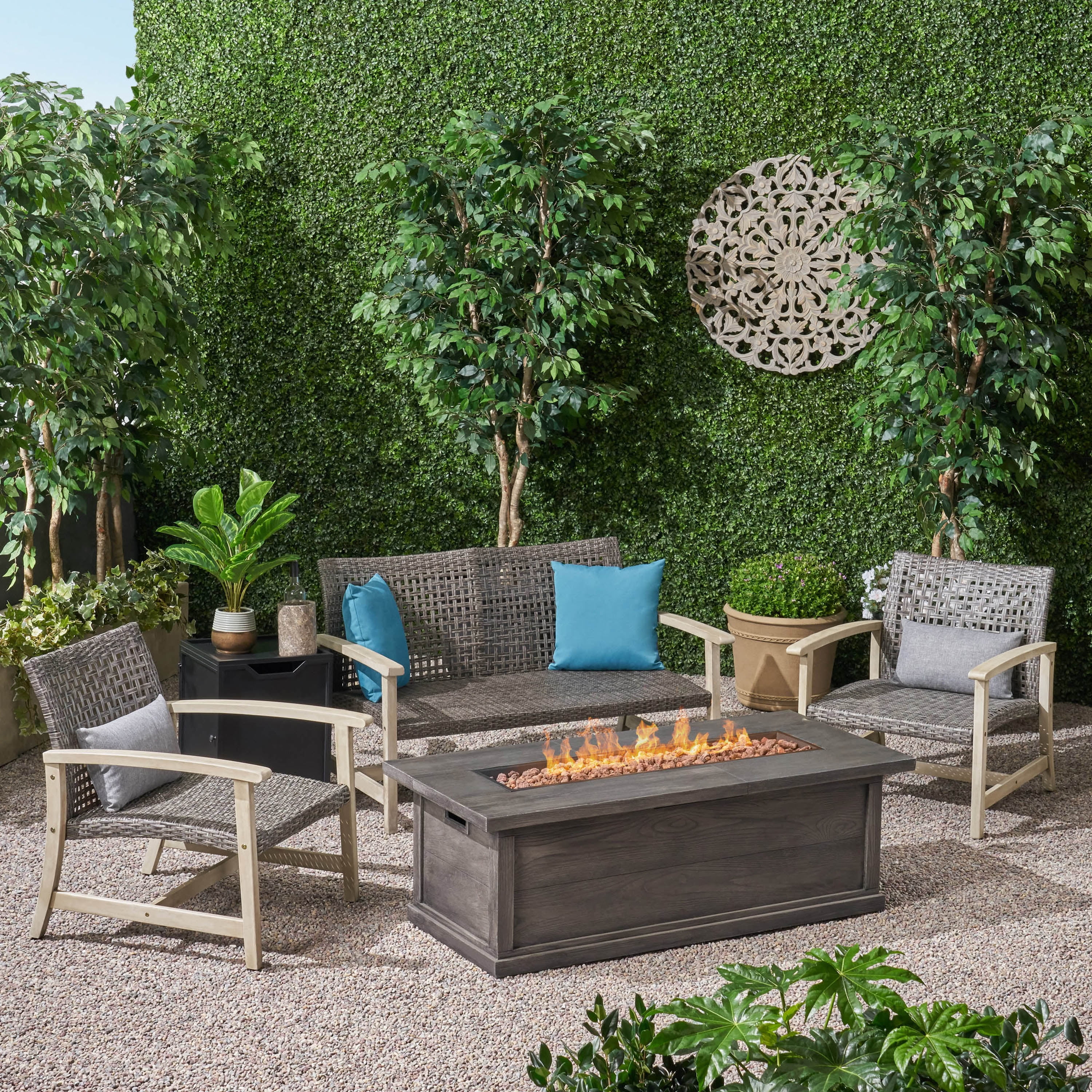 GDF Studio Rachel Outdoor 5 Piece Wood and Wicker Chat Set with Fire Pit, Mixed Black and Gray