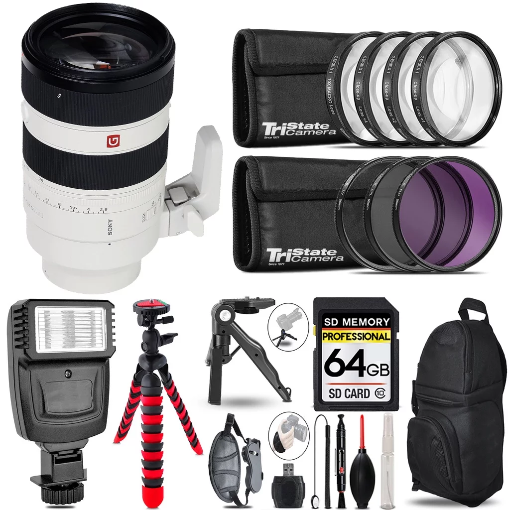 Sony FE 70-200mm f/2.8 GM OSS II Lens + Slave Flash + MACRO, UV-CPL-FLD - 64GB Accessory Bundle