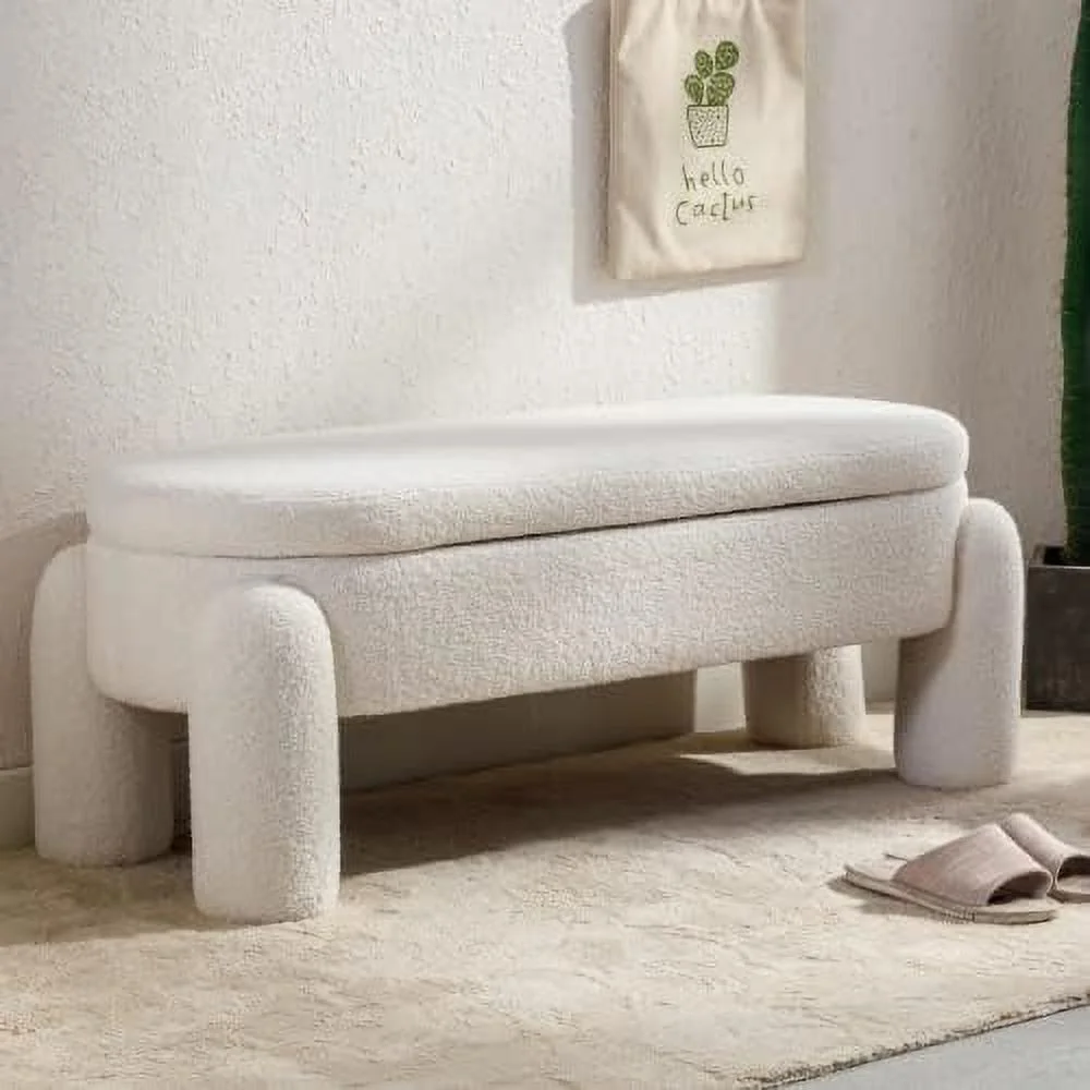 GVJMTKP Modern  Bench  44.7 Inch Upholstered Ottoman Bench Sherpa Fabric End of Bed Stool  Cute Entryway Bench for Bedroom Living Room Entryway  White