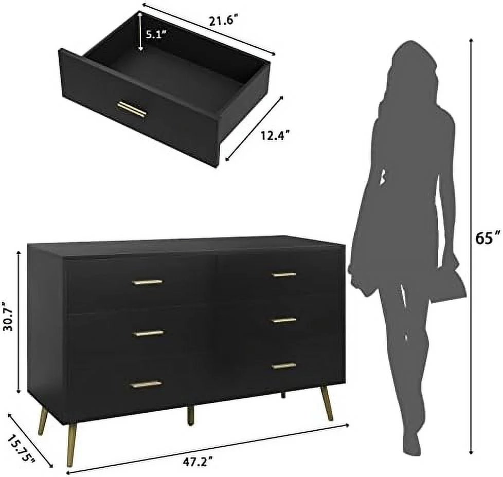 CKPFVY White Dresser  6 Drawer Dresser for Bedroom with Wide Drawers and Metal Handles  Modern Wood  Chest of Drawers for Living Room Hallway Entryway