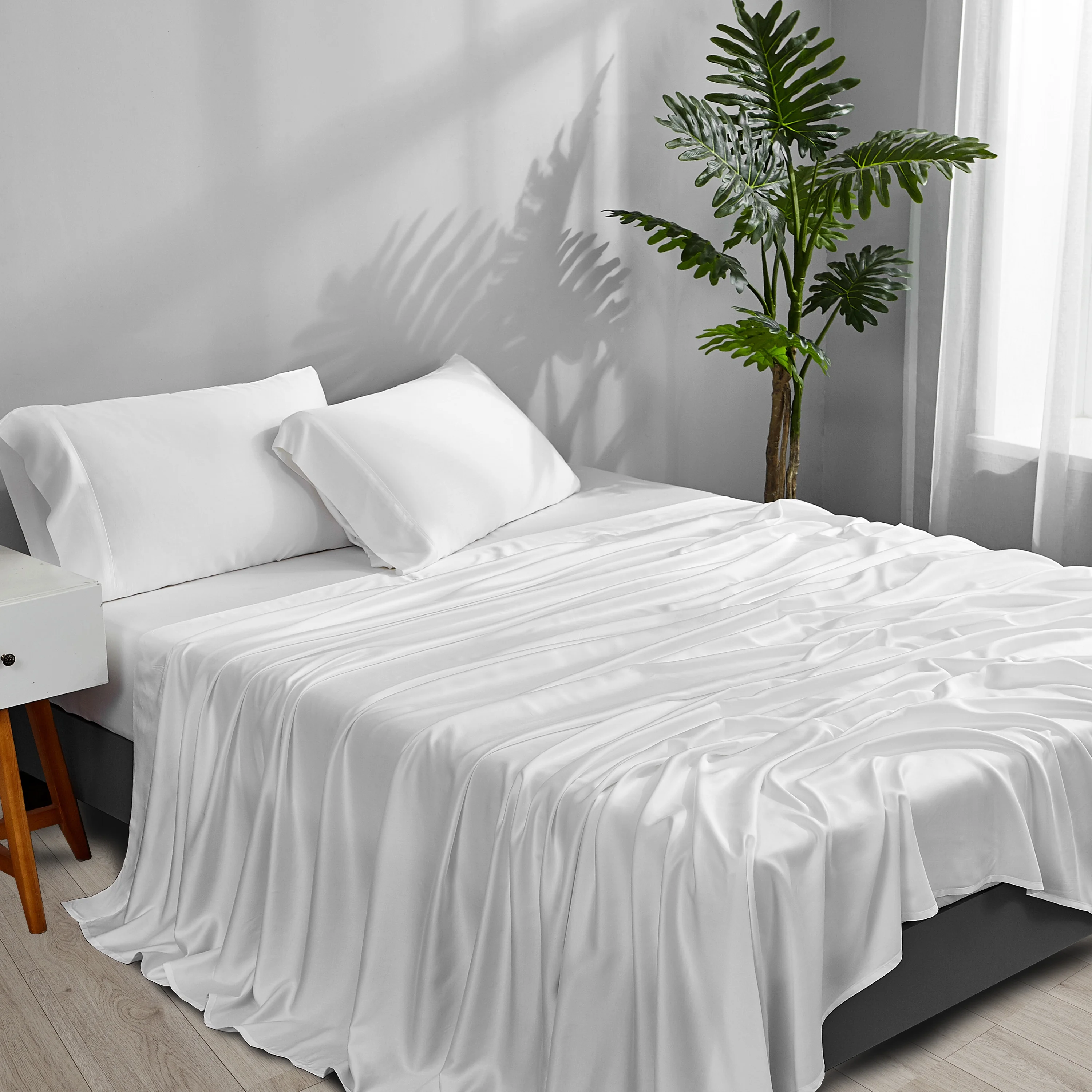 ACCURATEX Bamboo Sheets California King Size White - 100% Organic Bamboo Fiber Cooling Sheets for Cal King Size Bed, 4 Pieces Bed Sheets up to 16 inches Deep Pockect,Super Soft Breathable Sheet Set