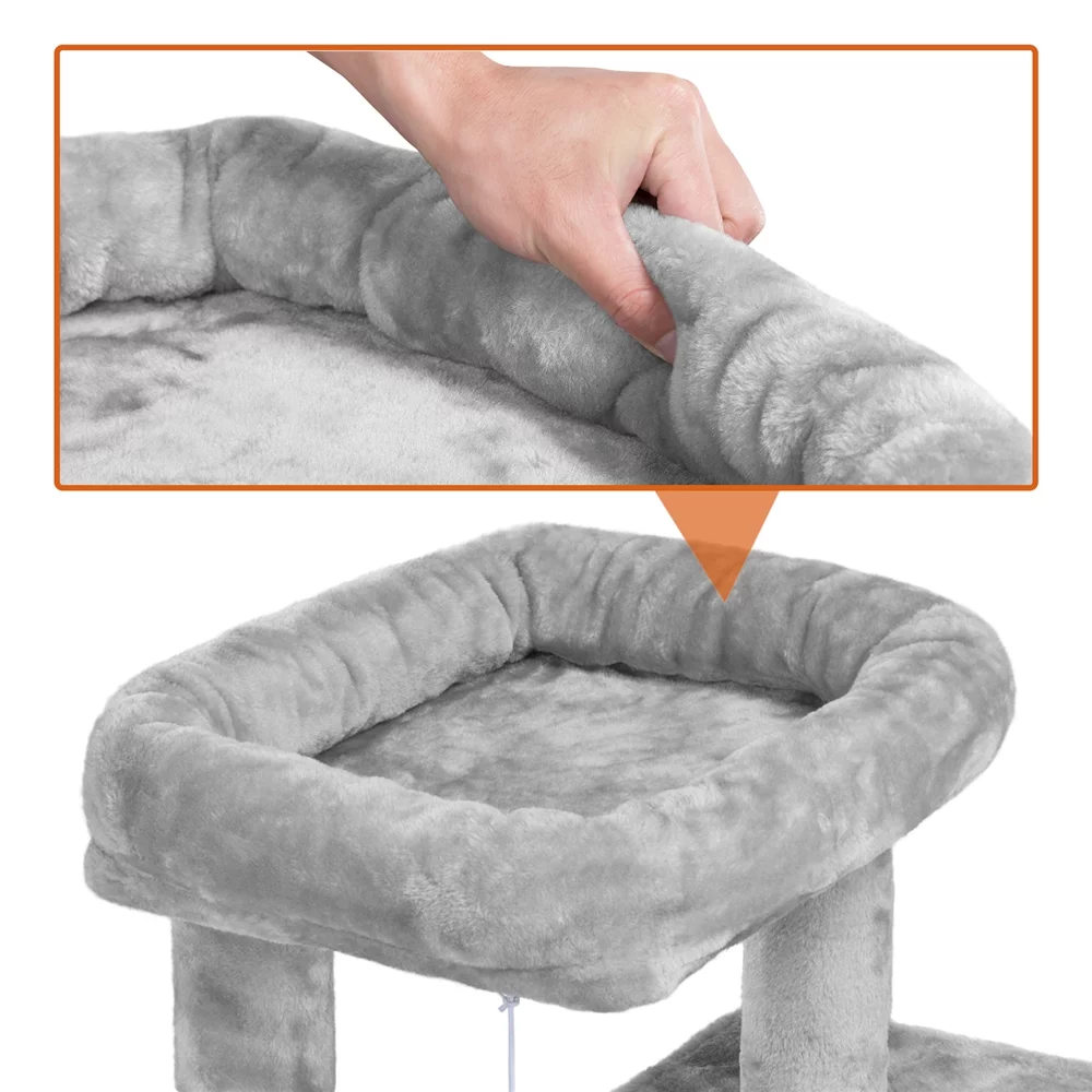 Easyfashion Multilevel Plush Cat Tree with Double Condos and Furry Ball,Light Gray