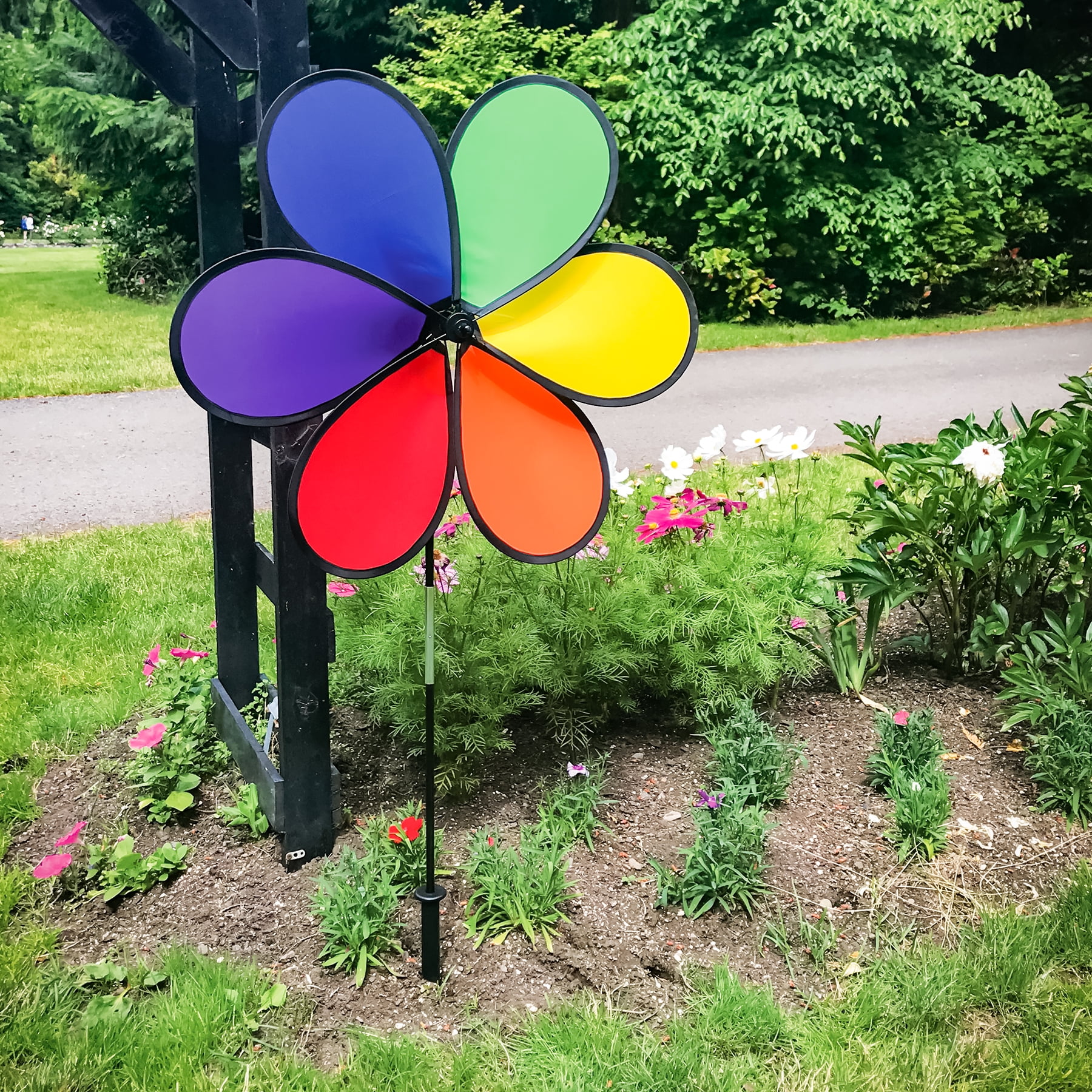 In the Breeze 2699 — 30 Inch 6-Petal Rainbow Flower Spinner - Large Wind Spinner for your Yard or Garden