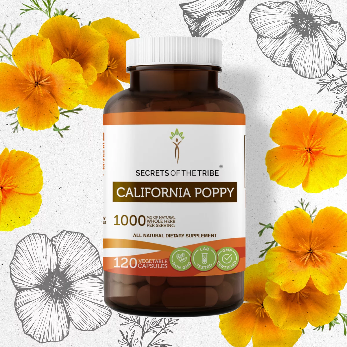 Secrets of the Tribe California Poppy 120 Capsules, Organic California Poppy Eschscholzia May Relieve Muscle Cramps and Headaches 400 mg