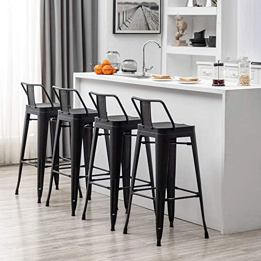 WTYNKAE Metal  Stools Set of 4 Counter Height Stools 26 Inchs Counter Stools with Backs Black  stools with Backs  Height Stools 26" Ergonomic Seat  Low Back  Matte Black