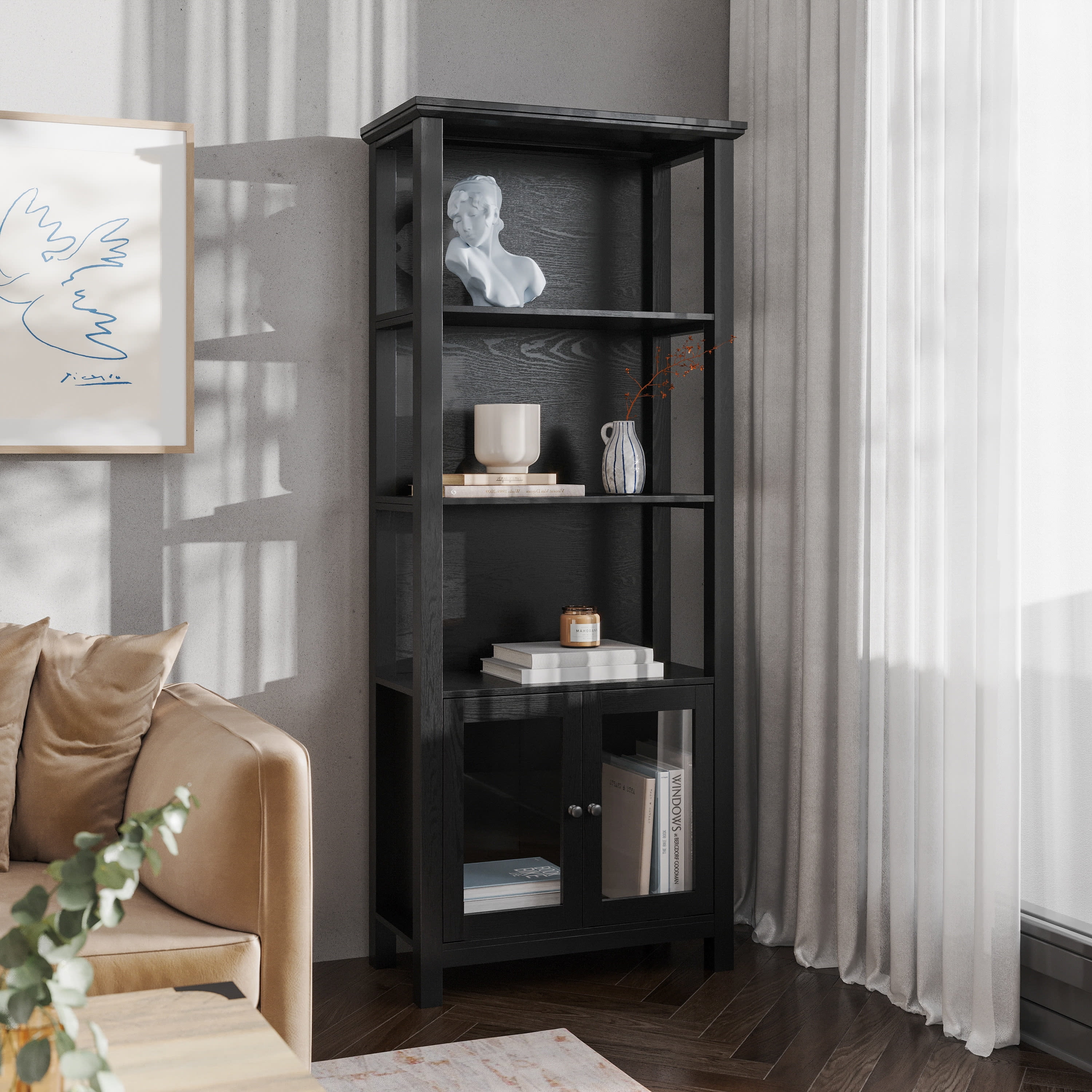 Emma + Oliver Modern Farmhouse Wooden Bookcase and Storage Cabinet with Tempered Glass Doors and 3 Upper Shelves in Black