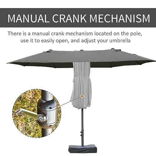 Outsunny Patio Umbrella 15' Steel Rectangular Outdoor Double Sided Market with base, Sun Protection & Easy Crank for Deck Pool Patio Dark Gray