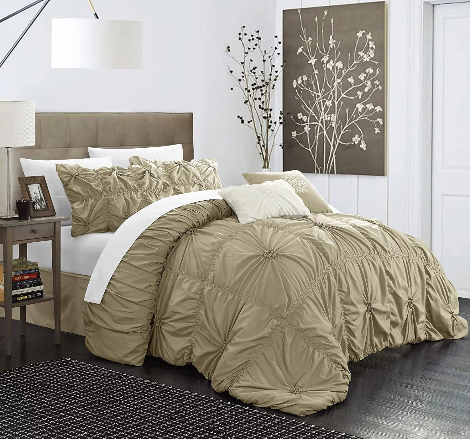YANPO Halpert 6 Piece Comforter Set Floral Pinch Pleated Ruffled Designer Embellished Bed Skirt and Decorative Pillows Shams Included, King, Taupe