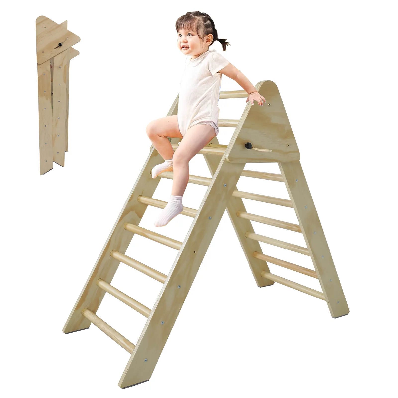 Fionafurn Wooden Foldable Climbing Triangle Ladder, Montessori Play Gym for Toddlers and Kids 1-7 y.o. (Natural Wood)