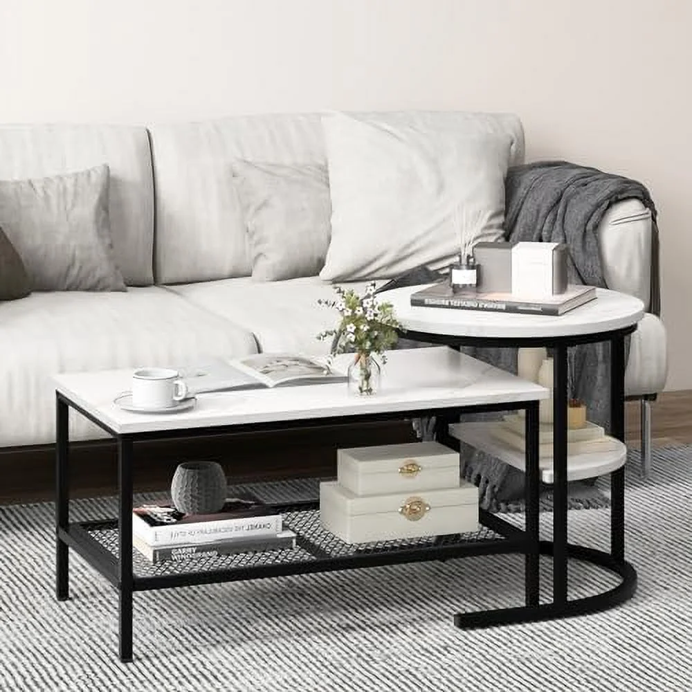 SQHJV Nesting Coffee Table   2 PCS Coffee Table Set with Faux Marble Top and Extra    Modern Round End Table & Rectangular Coffee Table Set for Living Room  Bedroom  Black+White
