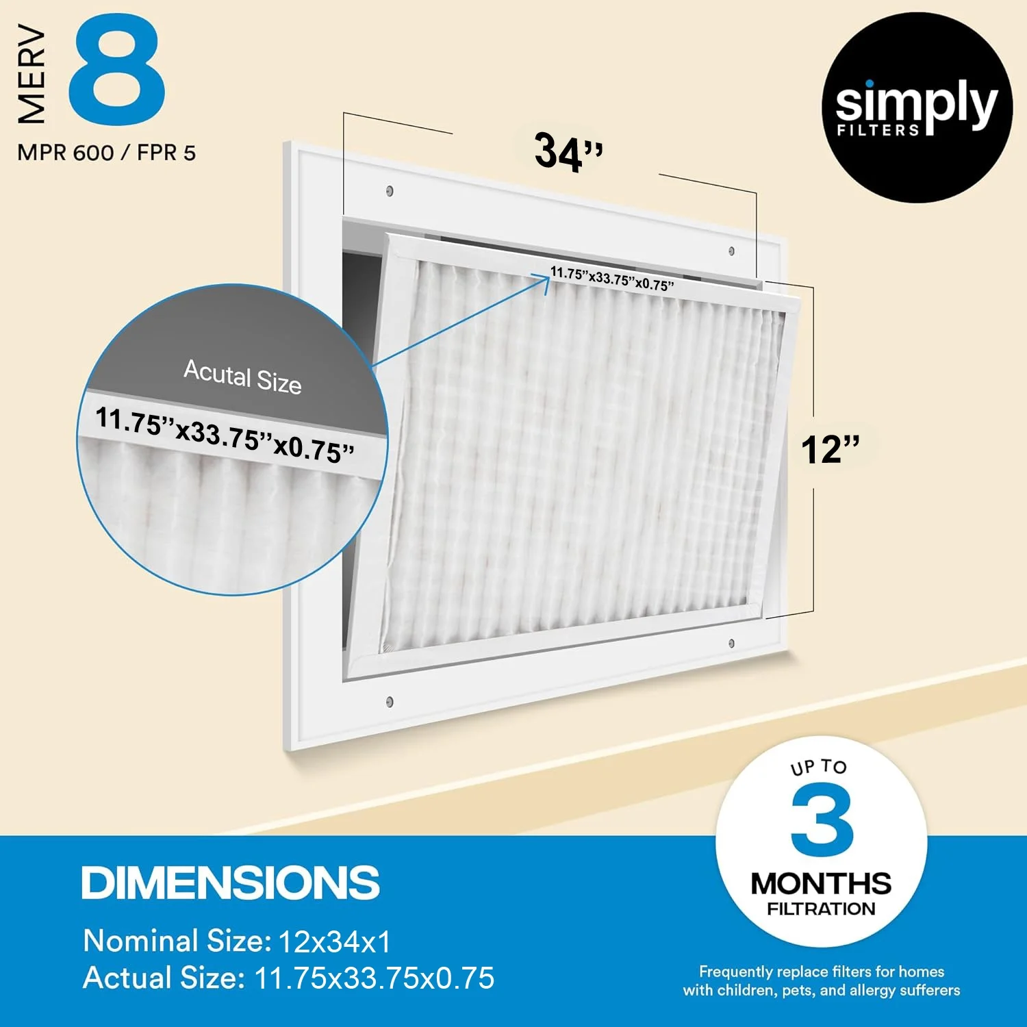 Simply Filters 12x34x1 MERV 8, MPR 600, Air Filter - Actual Size: 11.75